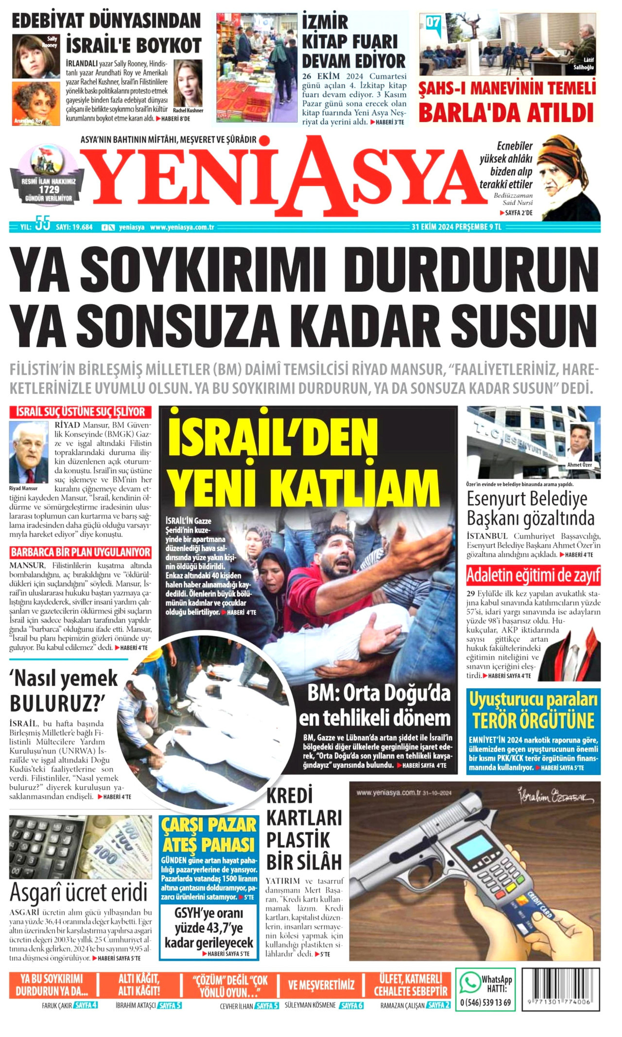 YENİ ASYA gazetesinin 31 Ekim 2024 tarihli birinci sayfası