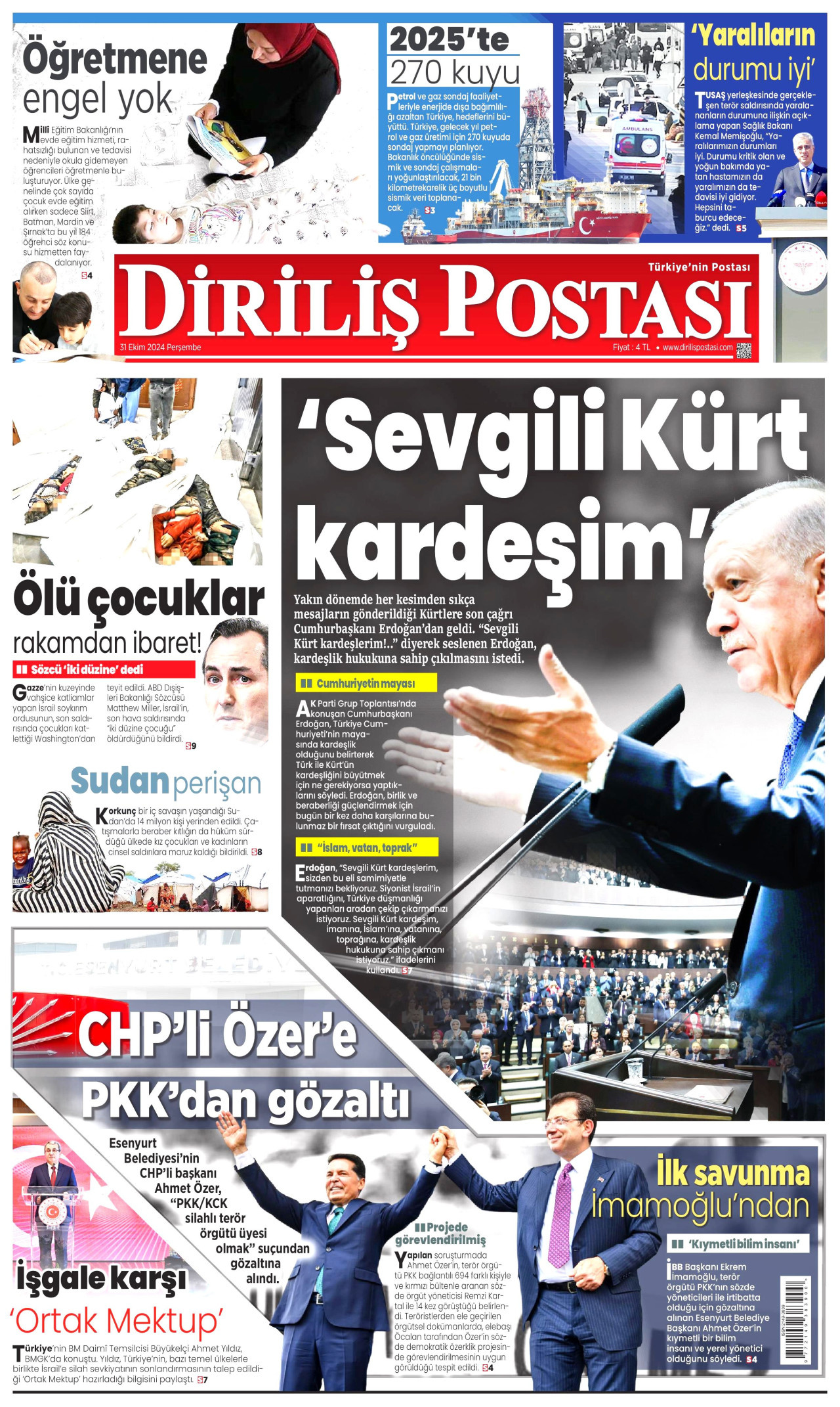 DİRİLİŞ POSTASI gazetesinin 31 Ekim 2024 tarihli birinci sayfası