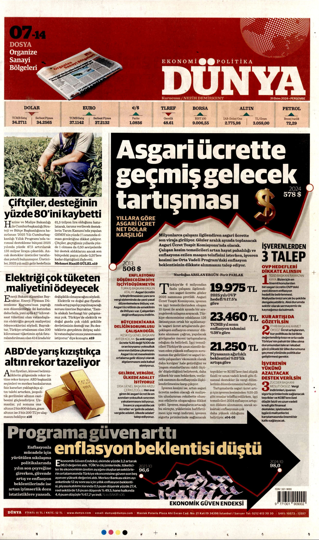 DÜNYA gazetesinin 31 Ekim 2024 tarihli birinci sayfası