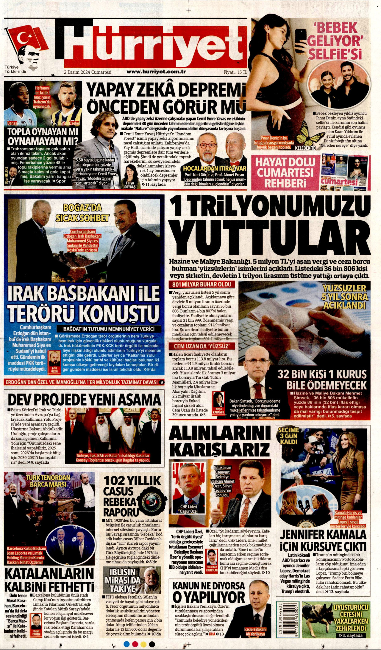 HÜRRİYET gazetesinin 2 Kasım 2024 tarihli birinci sayfası