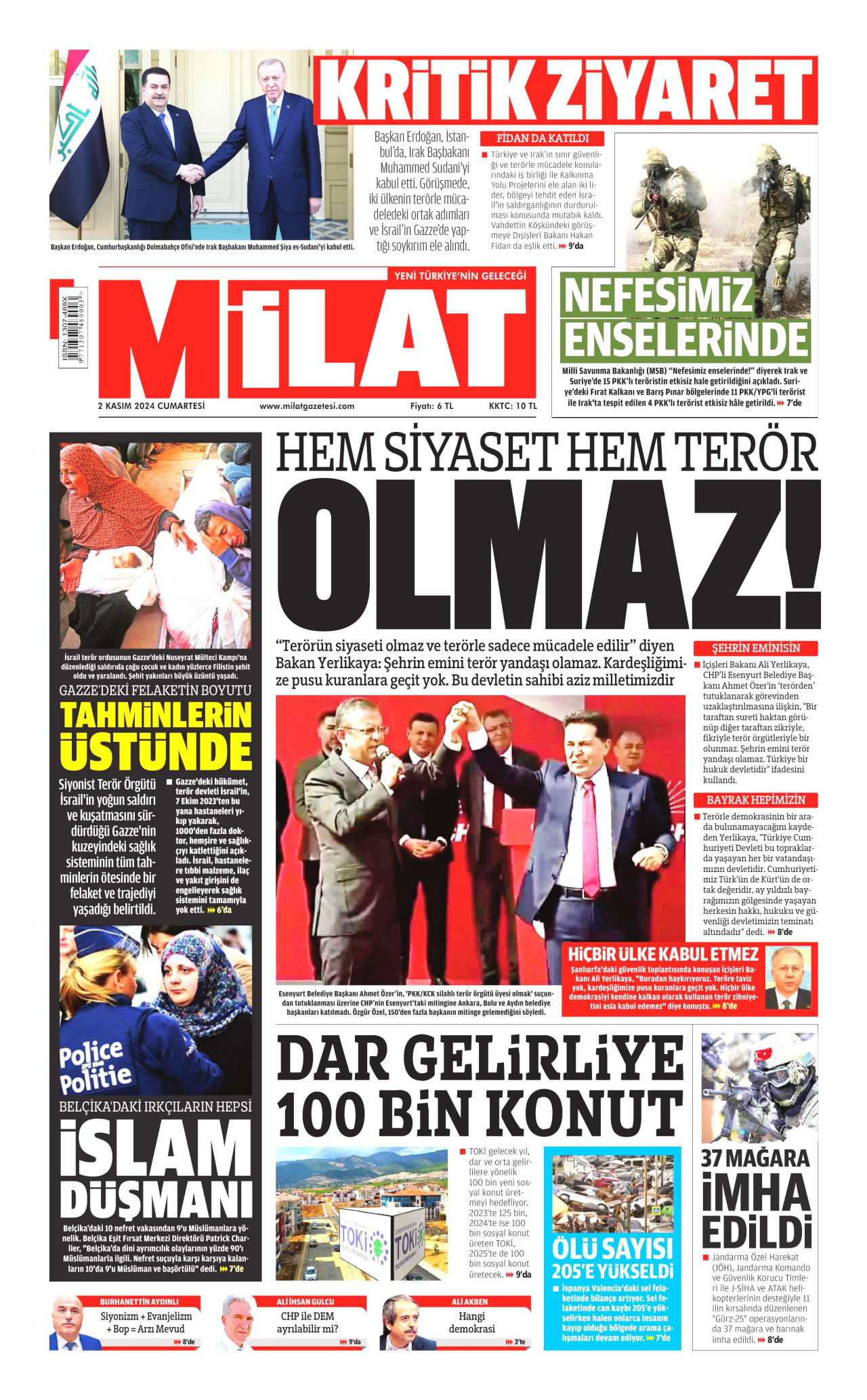 MİLAT gazetesinin 2 Kasım 2024 tarihli birinci sayfası