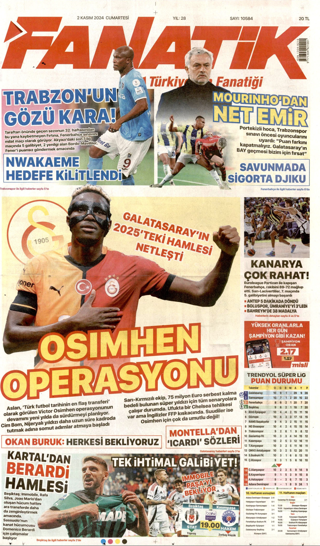 FANATİK gazetesinin 2 Kasım 2024 tarihli birinci sayfası
