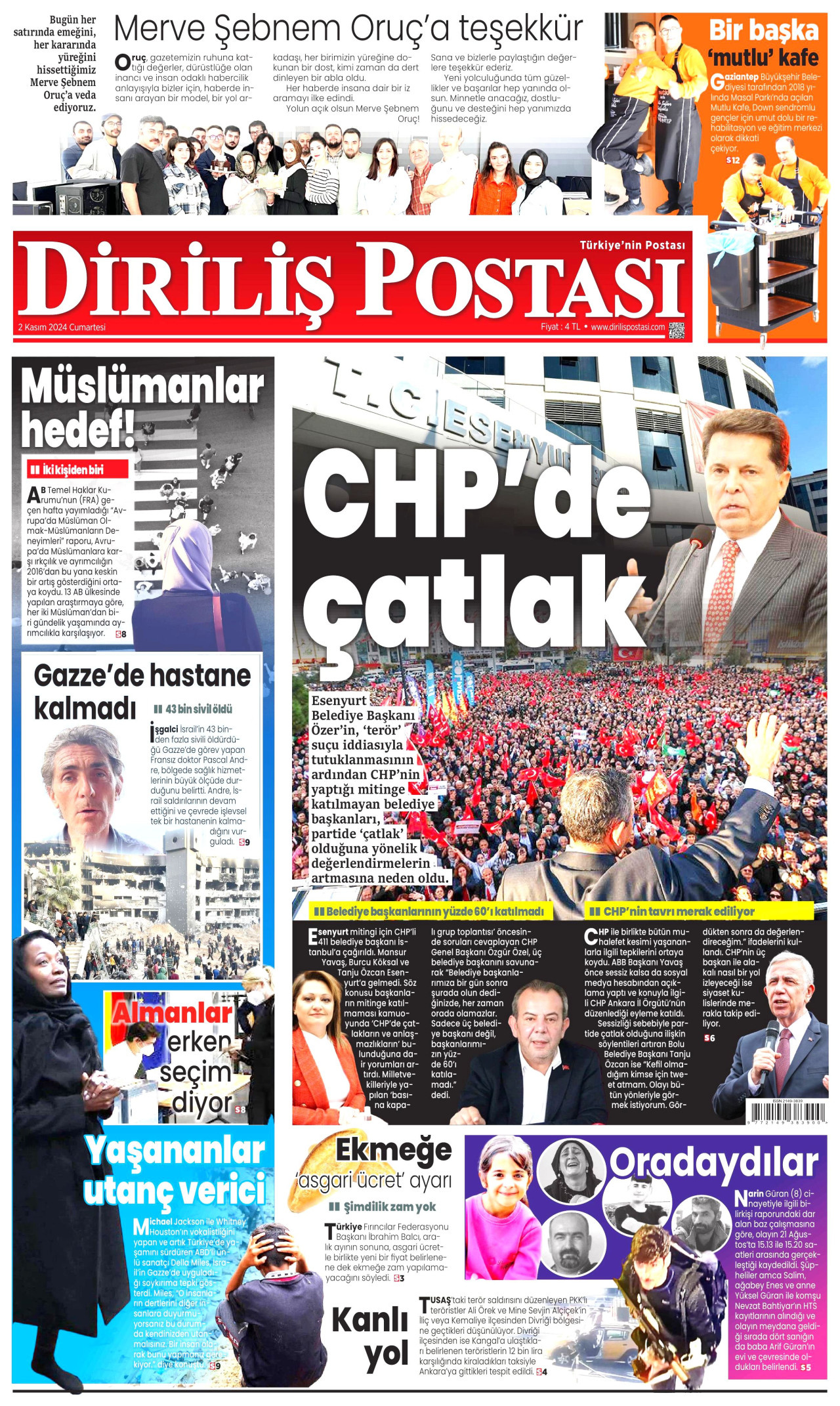 DİRİLİŞ POSTASI gazetesinin 2 Kasım 2024 tarihli birinci sayfası