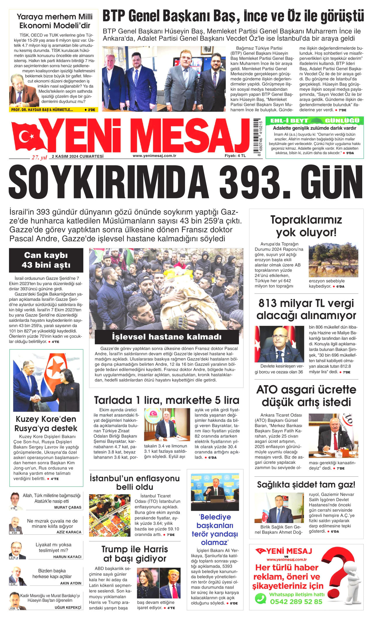 YENİ MESAJ gazetesinin 2 Kasım 2024 tarihli birinci sayfası