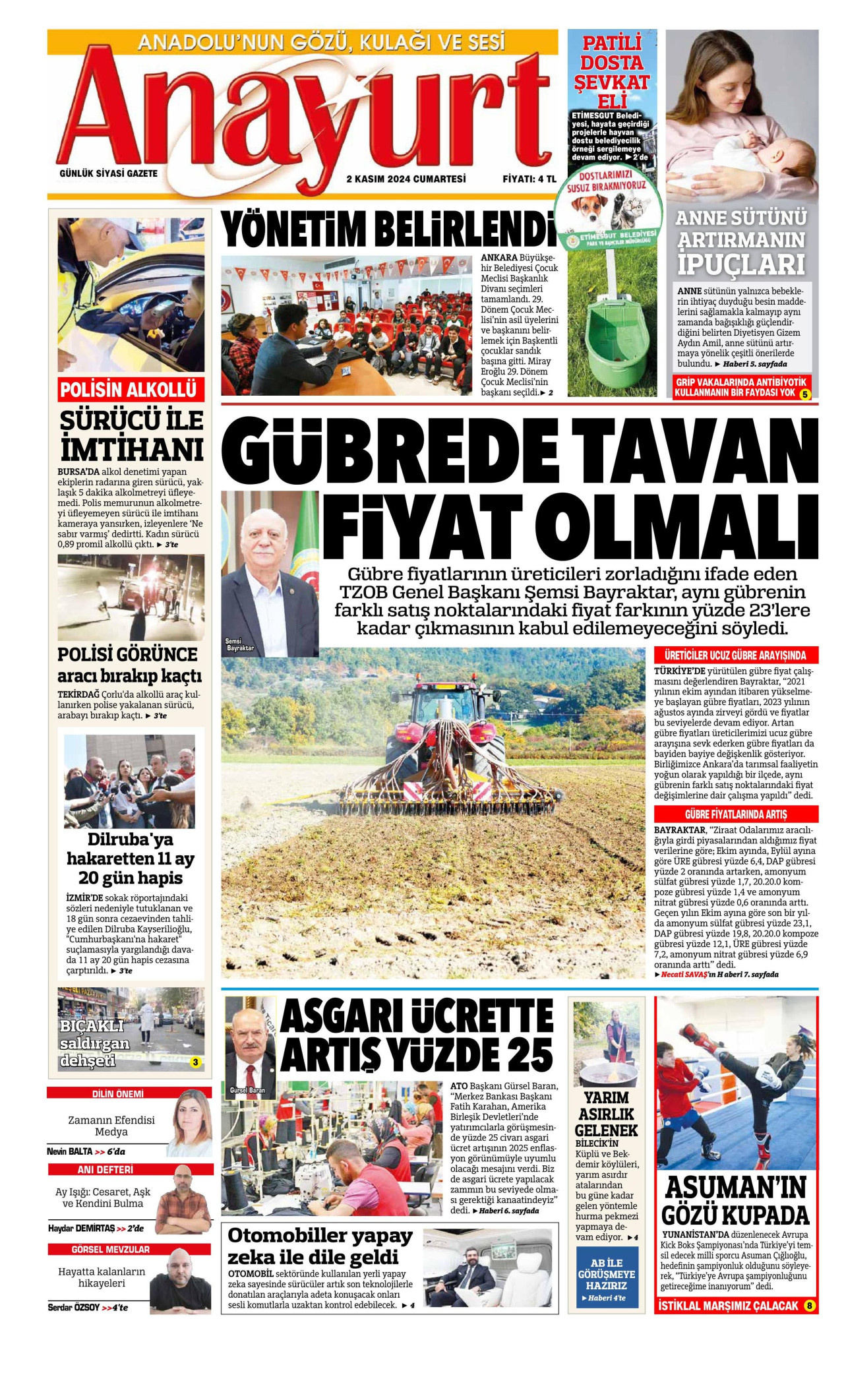 ANAYURT gazetesinin 2 Kasım 2024 tarihli birinci sayfası
