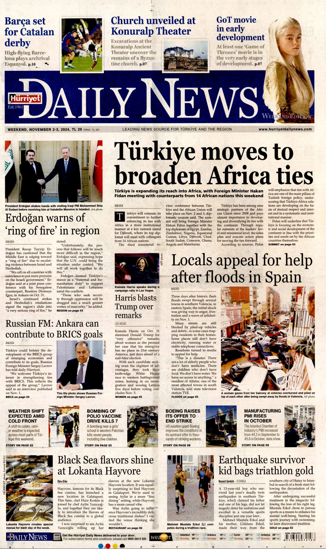 HÜRRİYET DAİLY NEWS gazetesinin 2 Kasım 2024 tarihli birinci sayfası