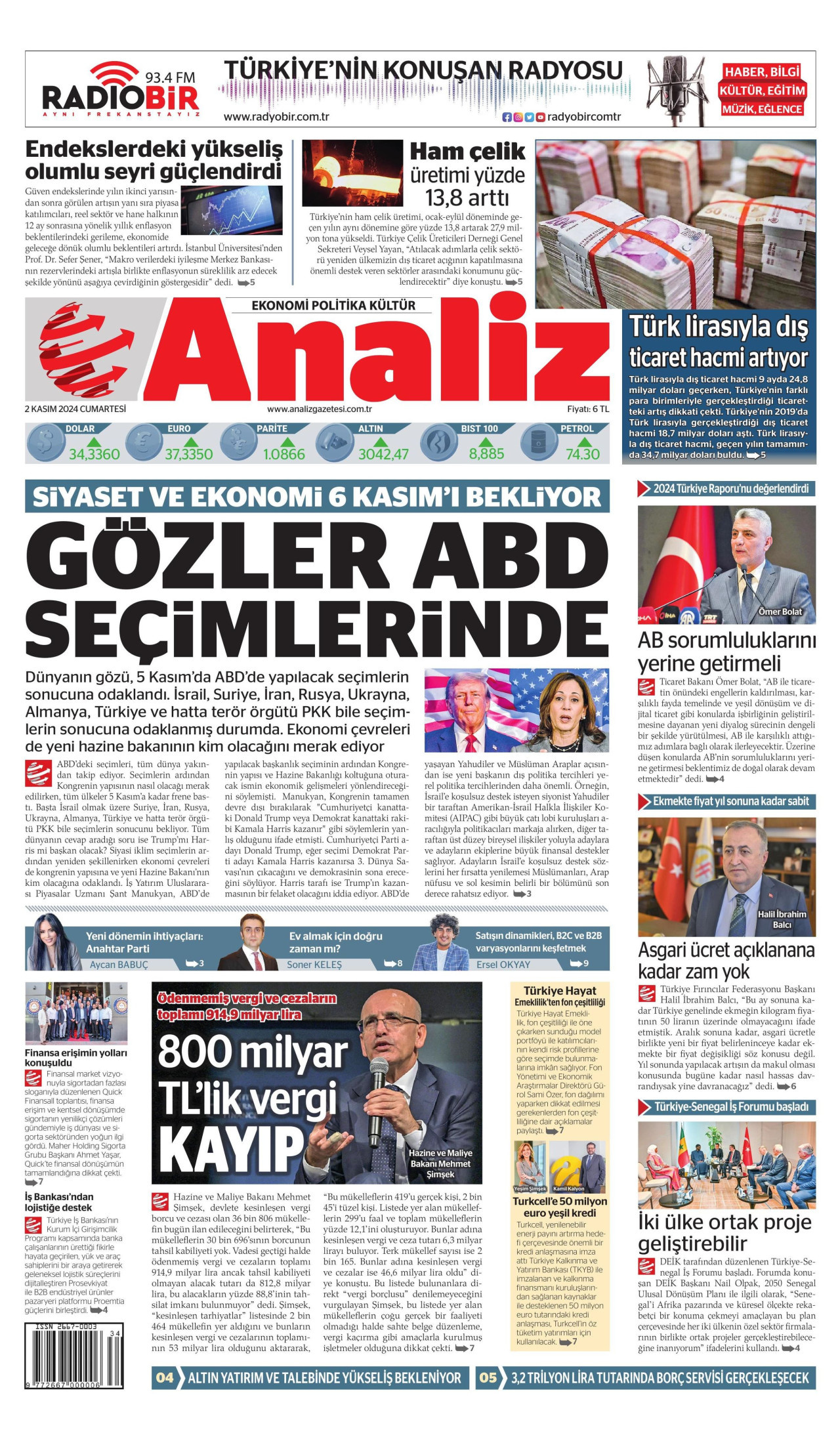 ANALİZ gazetesinin 2 Kasım 2024 tarihli birinci sayfası
