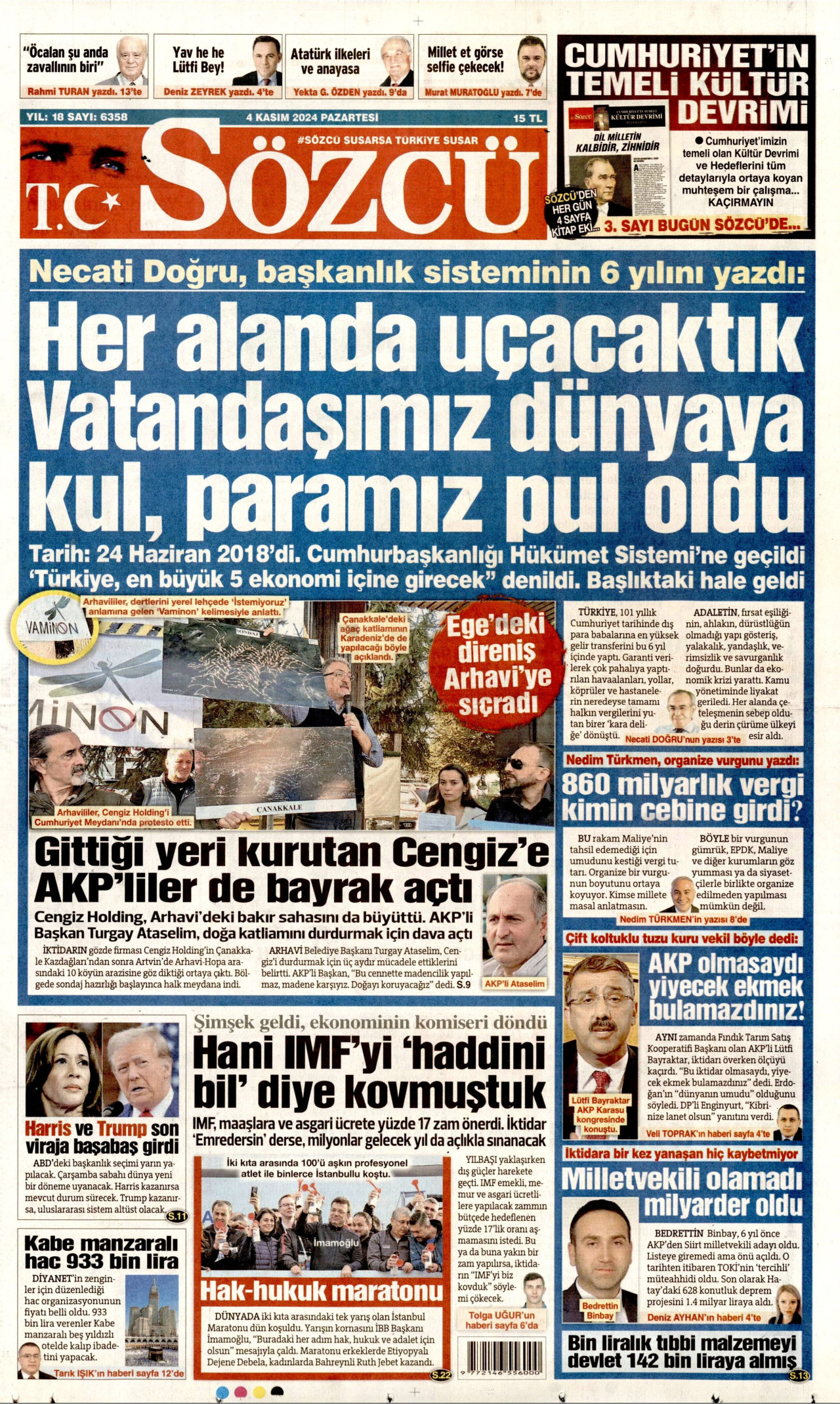 SÖZCÜ gazetesinin 4 Kasım 2024 tarihli birinci sayfası