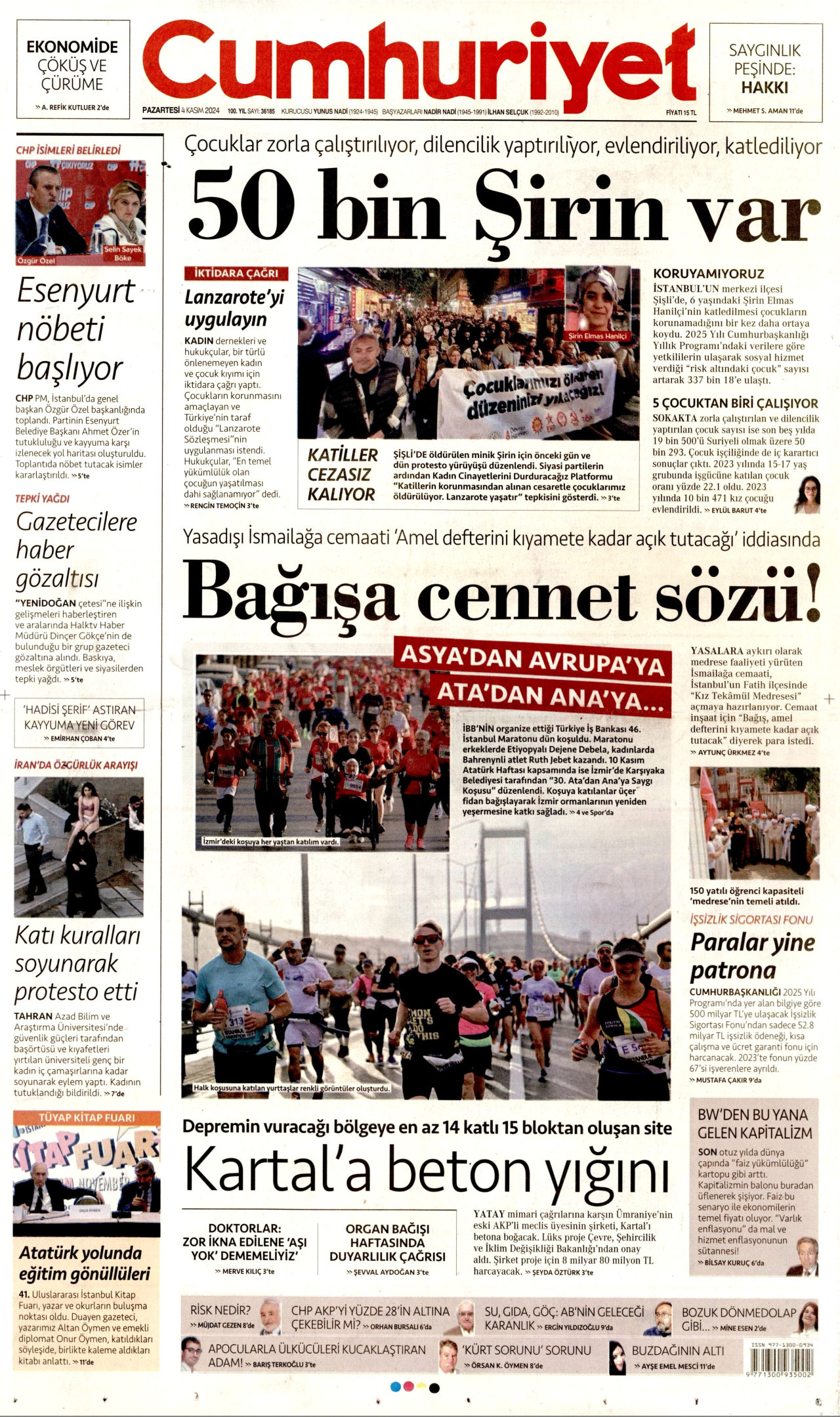 CUMHURİYET gazetesinin 4 Kasım 2024 tarihli birinci sayfası