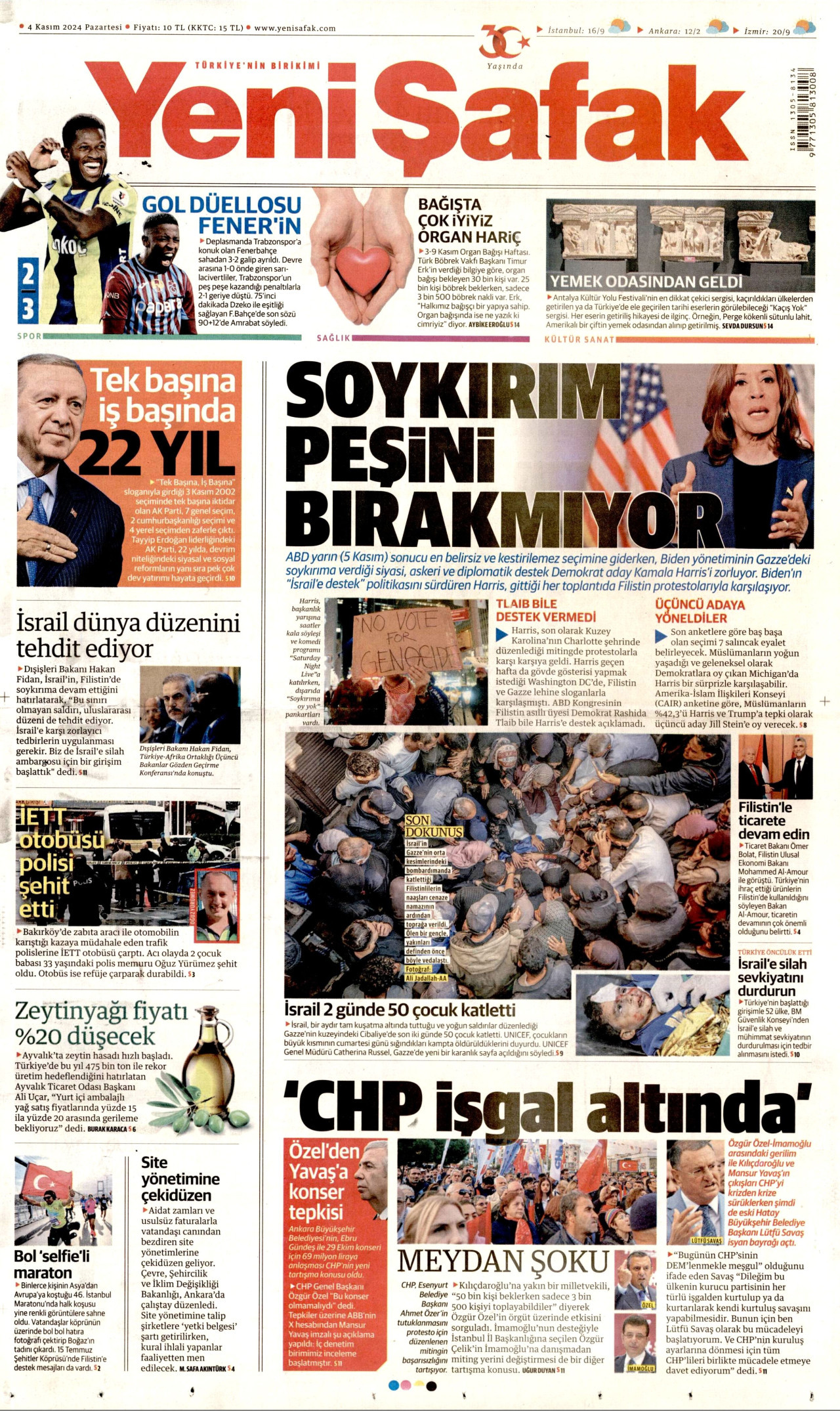 YENİ ŞAFAK gazetesinin 4 Kasım 2024 tarihli birinci sayfası