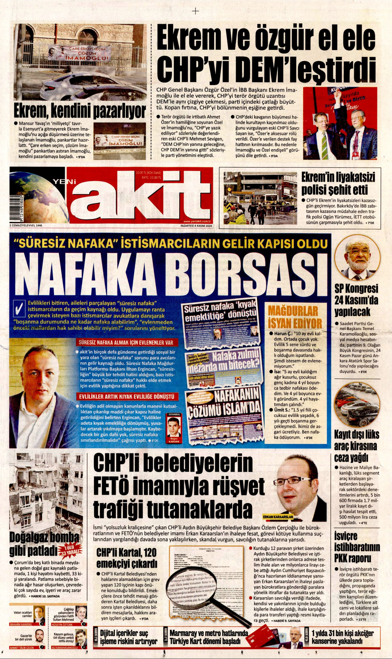 YENİ AKİT gazetesinin 4 Kasım 2024 tarihli birinci sayfası