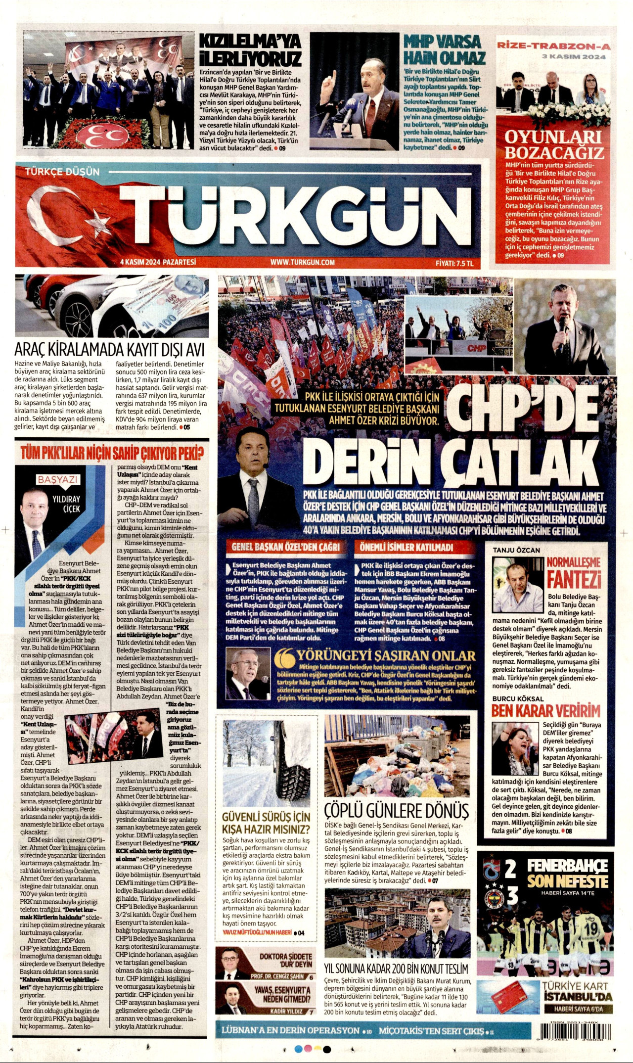 TÜRKGÜN gazetesinin 4 Kasım 2024 tarihli birinci sayfası