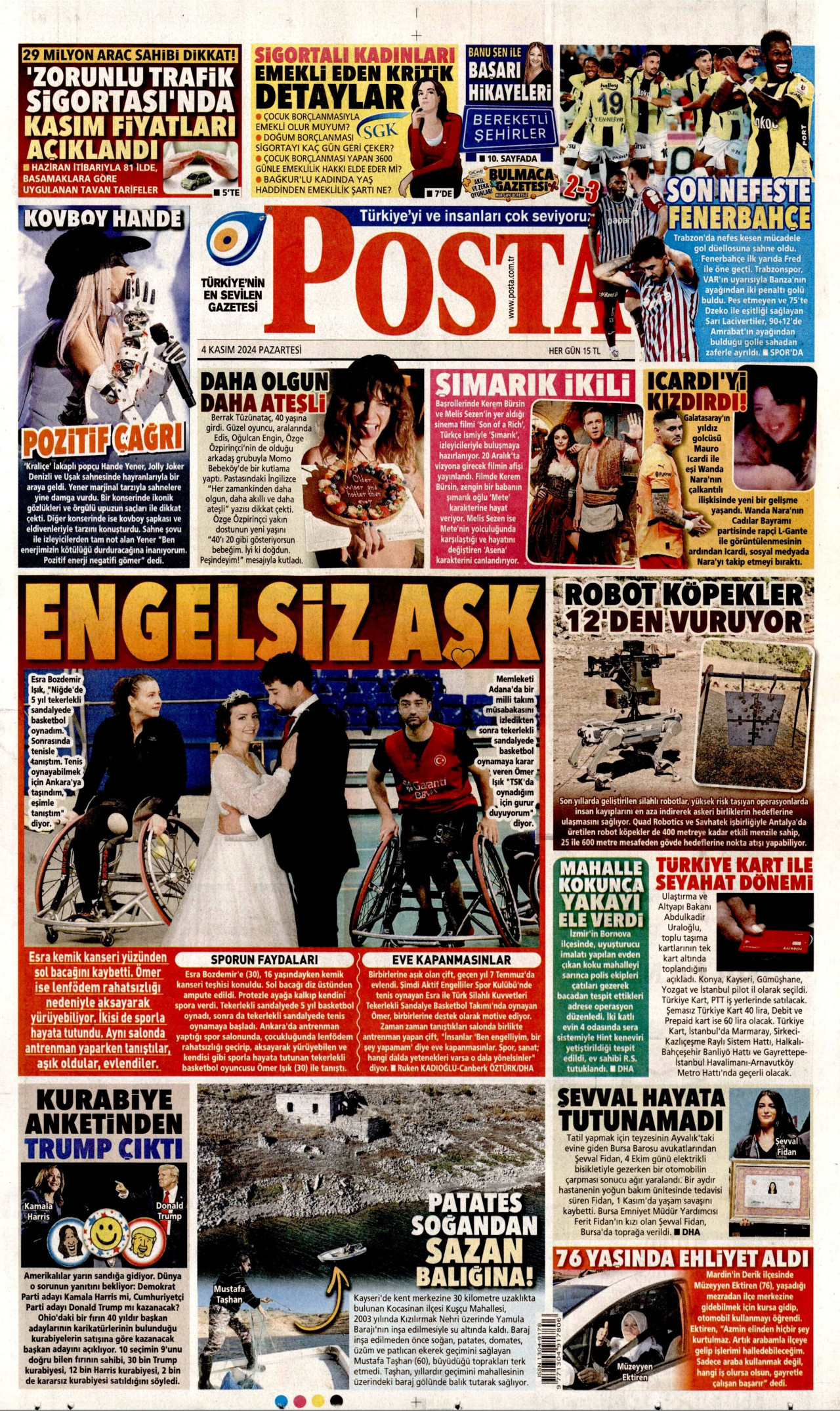 POSTA gazetesinin 4 Kasım 2024 tarihli birinci sayfası