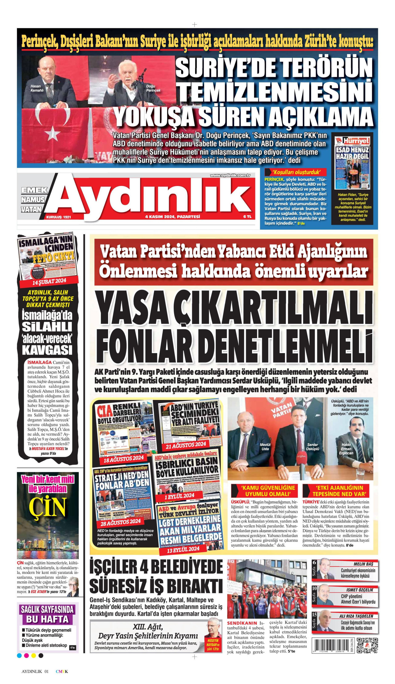 AYDINLIK GAZETESİ gazetesinin 4 Kasım 2024 tarihli birinci sayfası