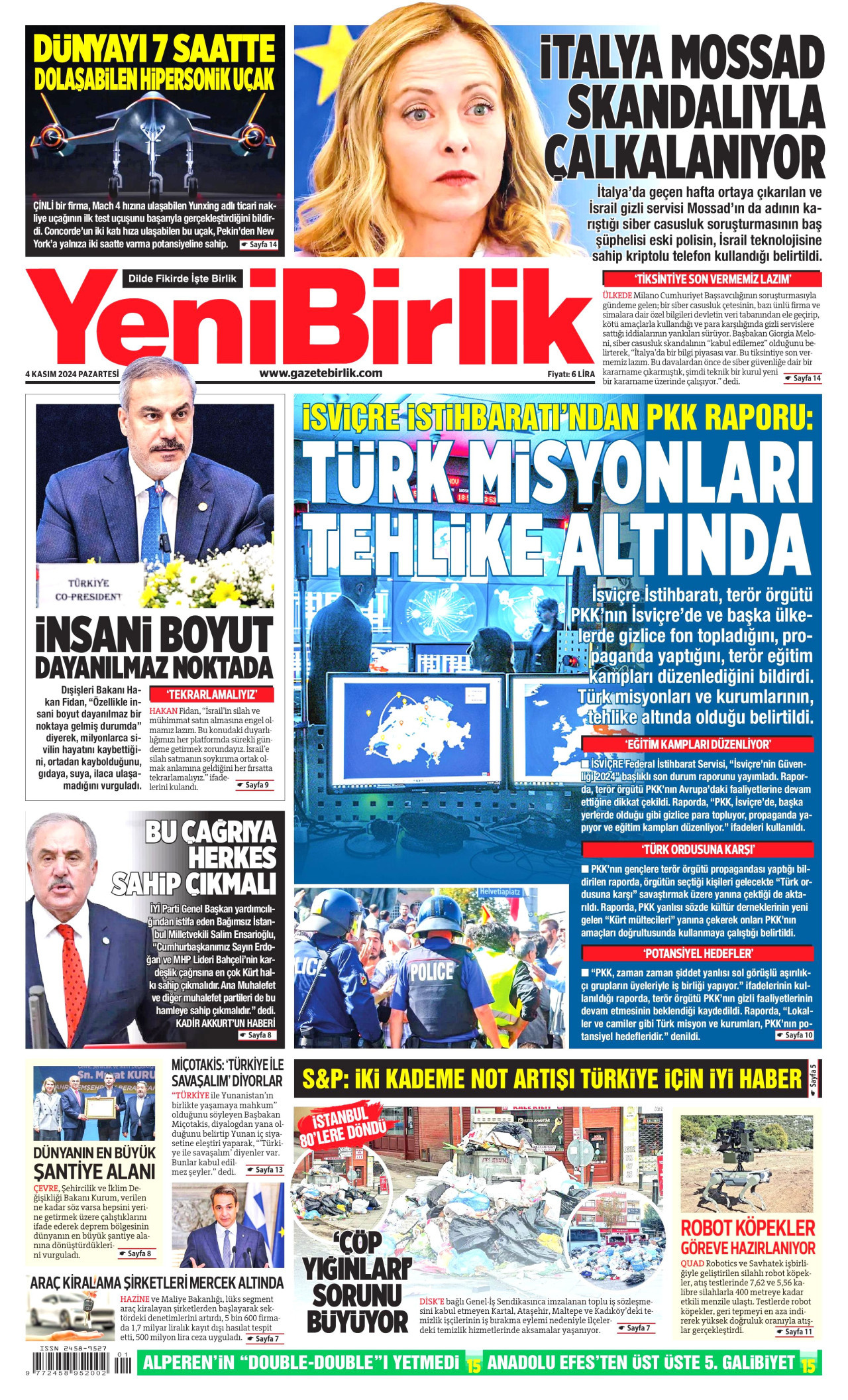YENİBİRLİK gazetesinin 4 Kasım 2024 tarihli birinci sayfası
