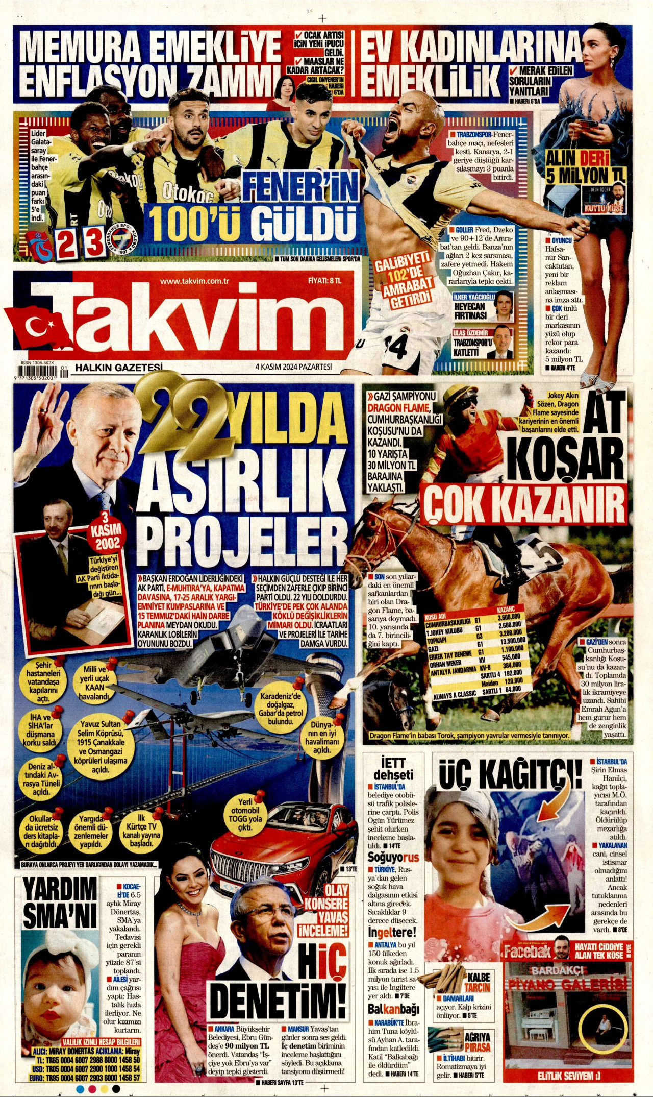 TAKVİM gazetesinin 4 Kasım 2024 tarihli birinci sayfası