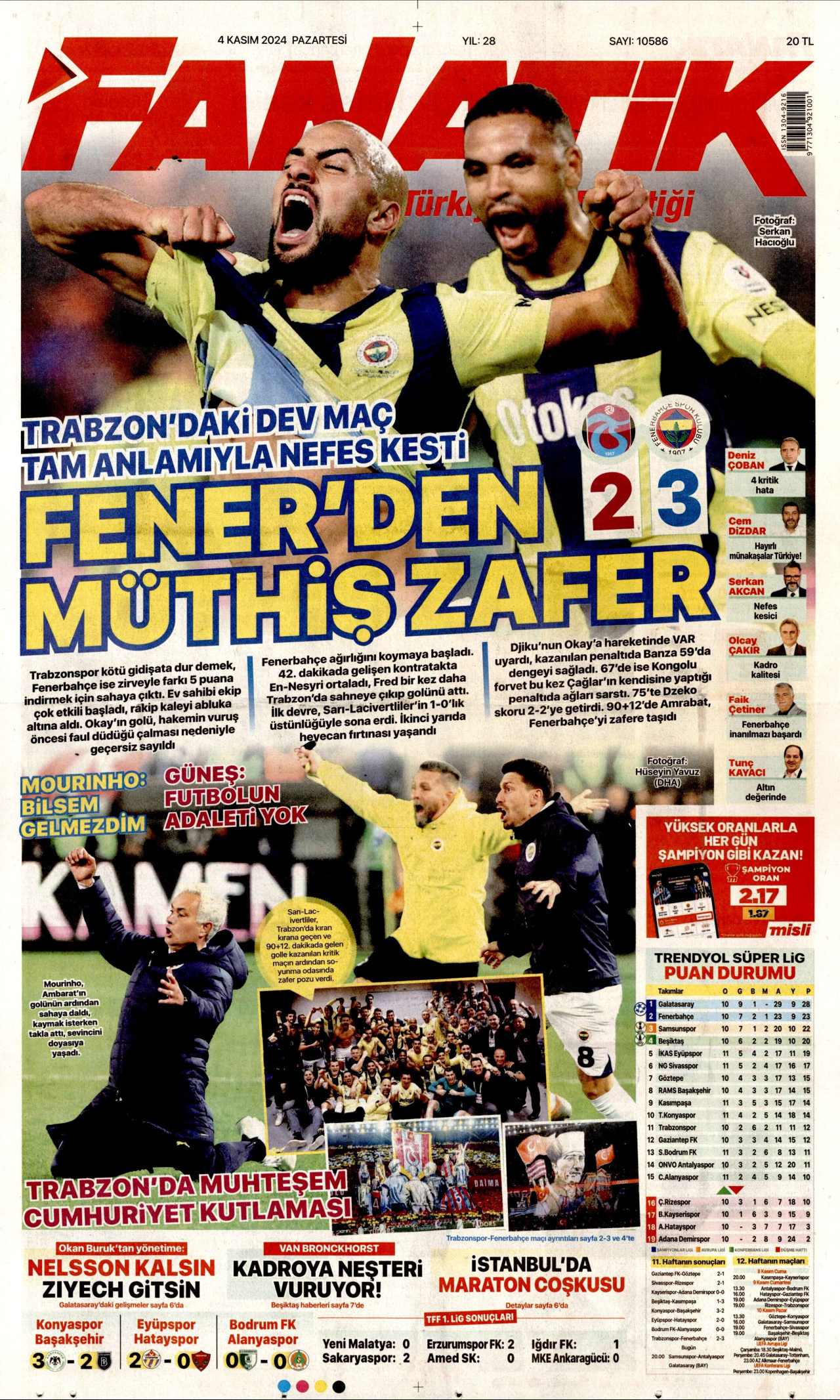 FANATİK gazetesinin 4 Kasım 2024 tarihli birinci sayfası