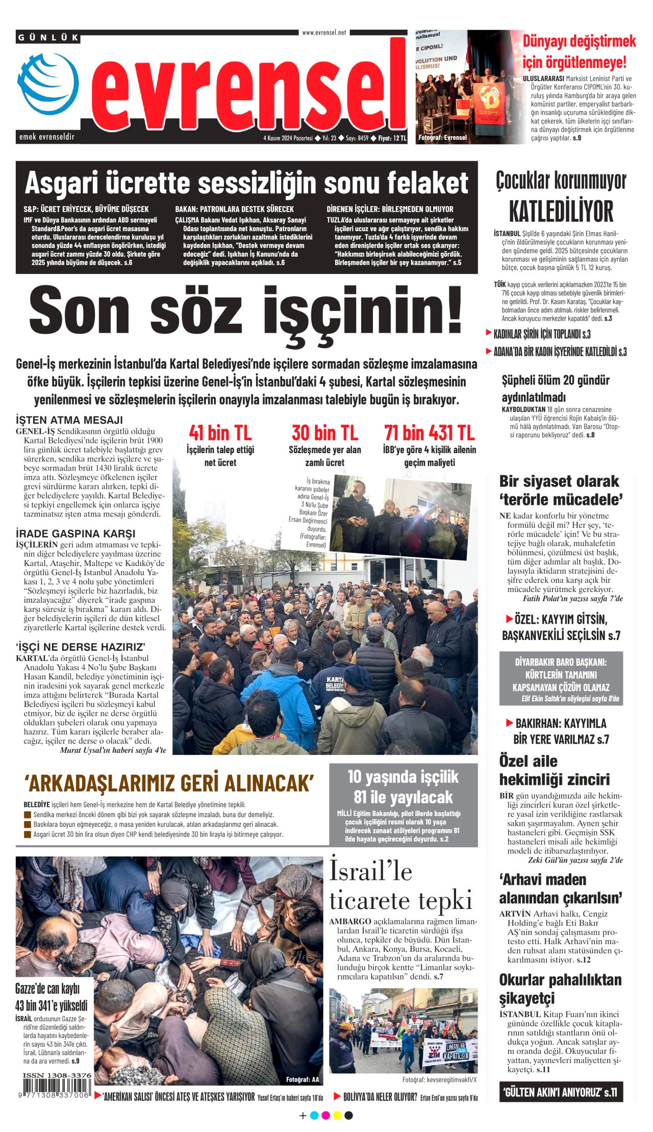 EVRENSEL gazetesinin 4 Kasım 2024 tarihli birinci sayfası