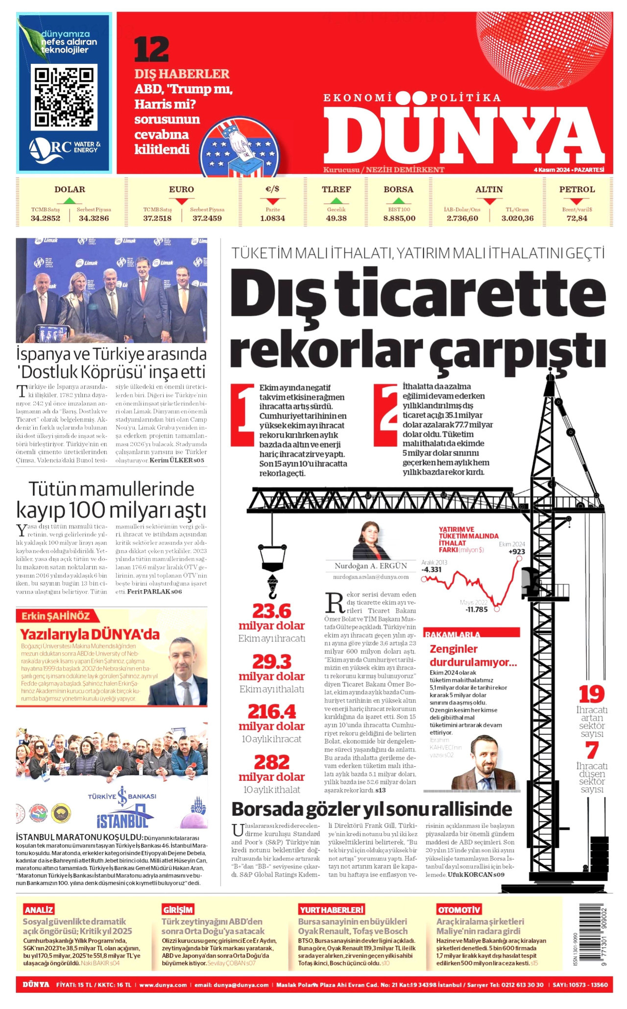 DÜNYA gazetesinin 4 Kasım 2024 tarihli birinci sayfası
