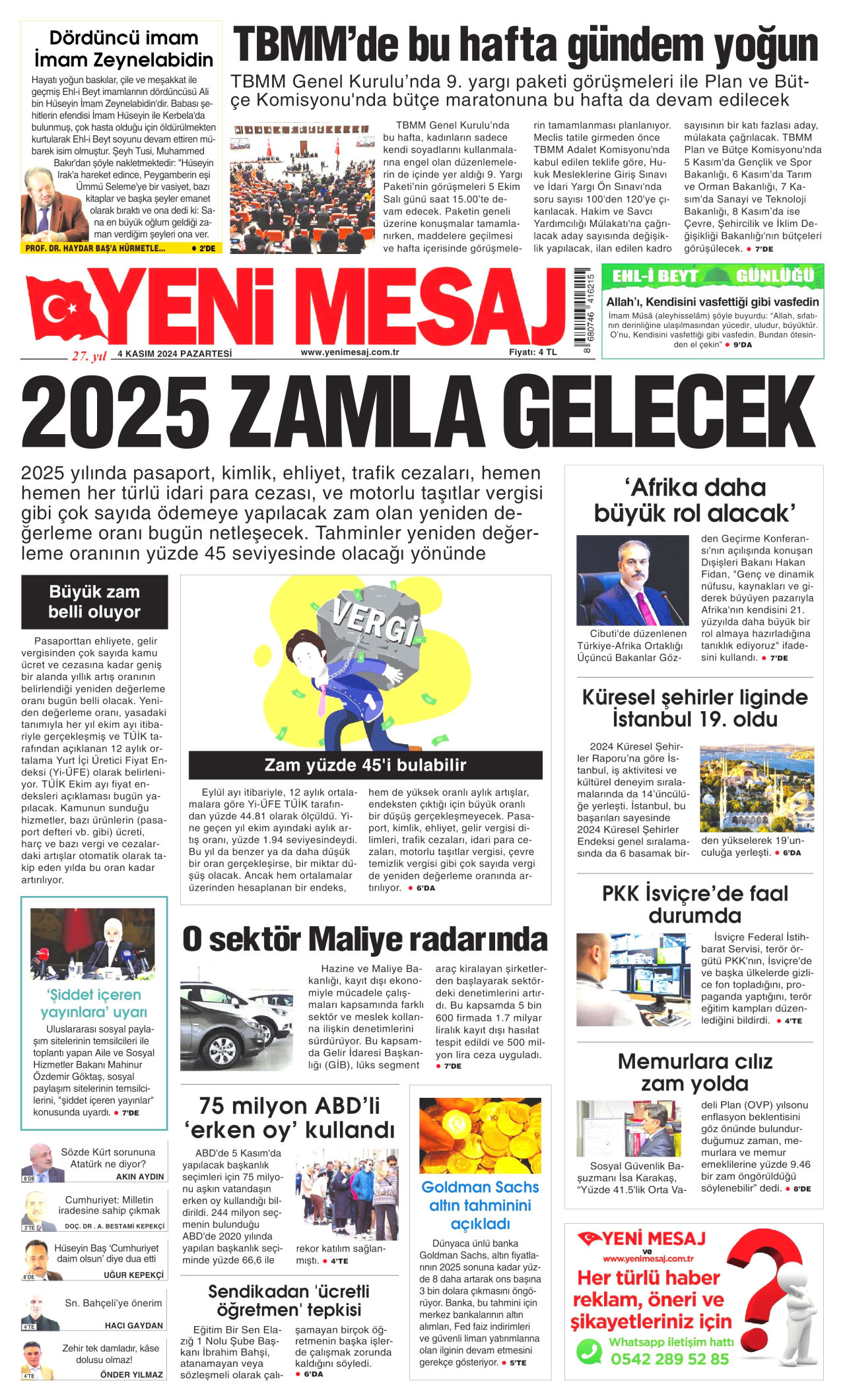 YENİ MESAJ gazetesinin 4 Kasım 2024 tarihli birinci sayfası