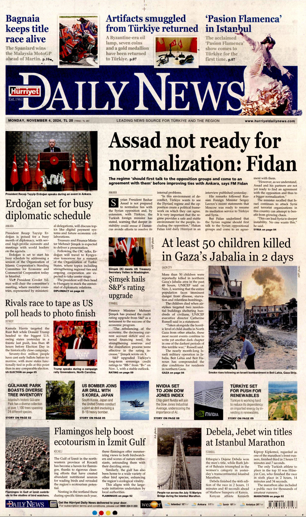 HÜRRİYET DAİLY NEWS gazetesinin 4 Kasım 2024 tarihli birinci sayfası