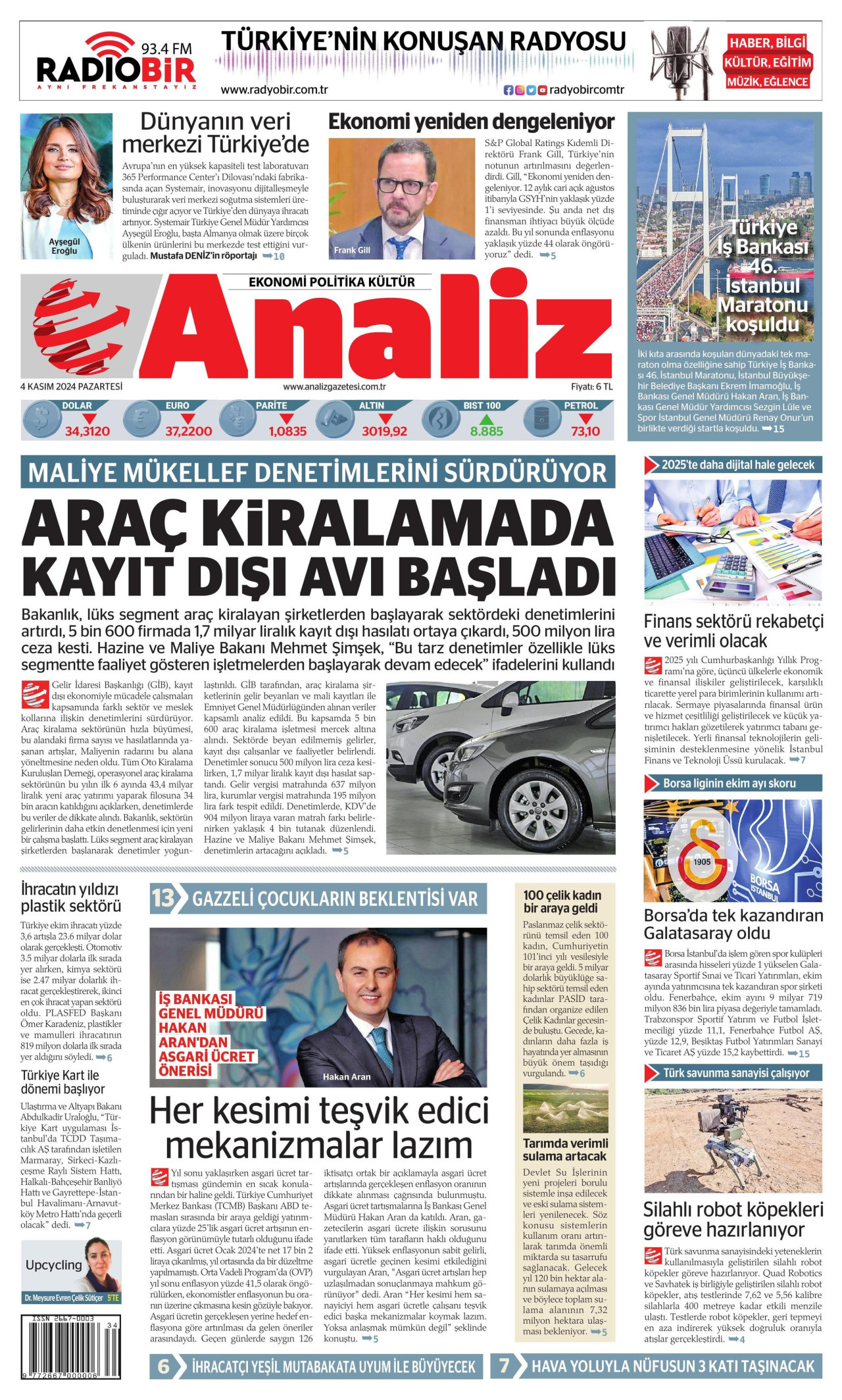 ANALİZ gazetesinin 4 Kasım 2024 tarihli birinci sayfası