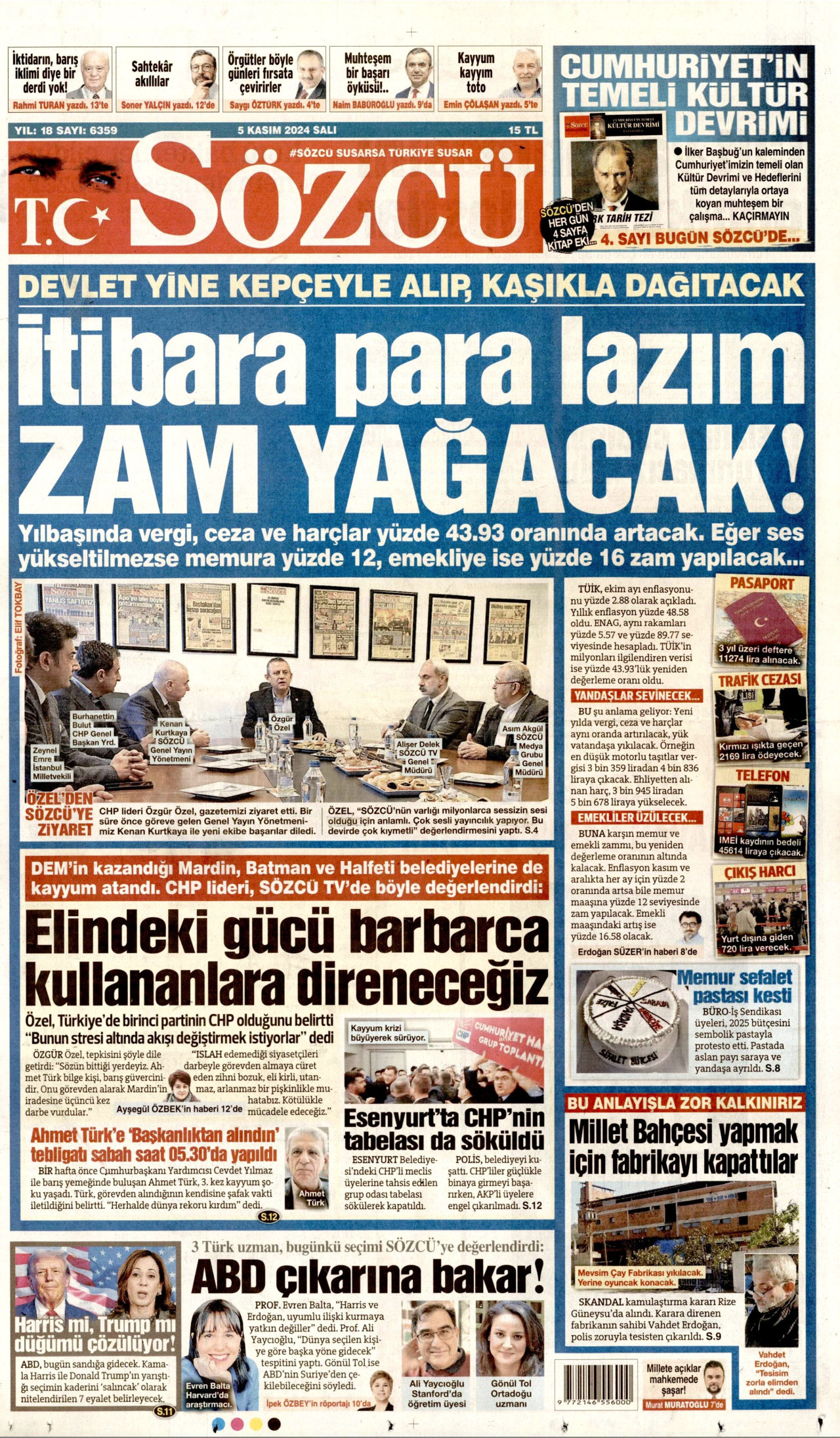 SÖZCÜ gazetesinin 5 Kasım 2024 tarihli birinci sayfası