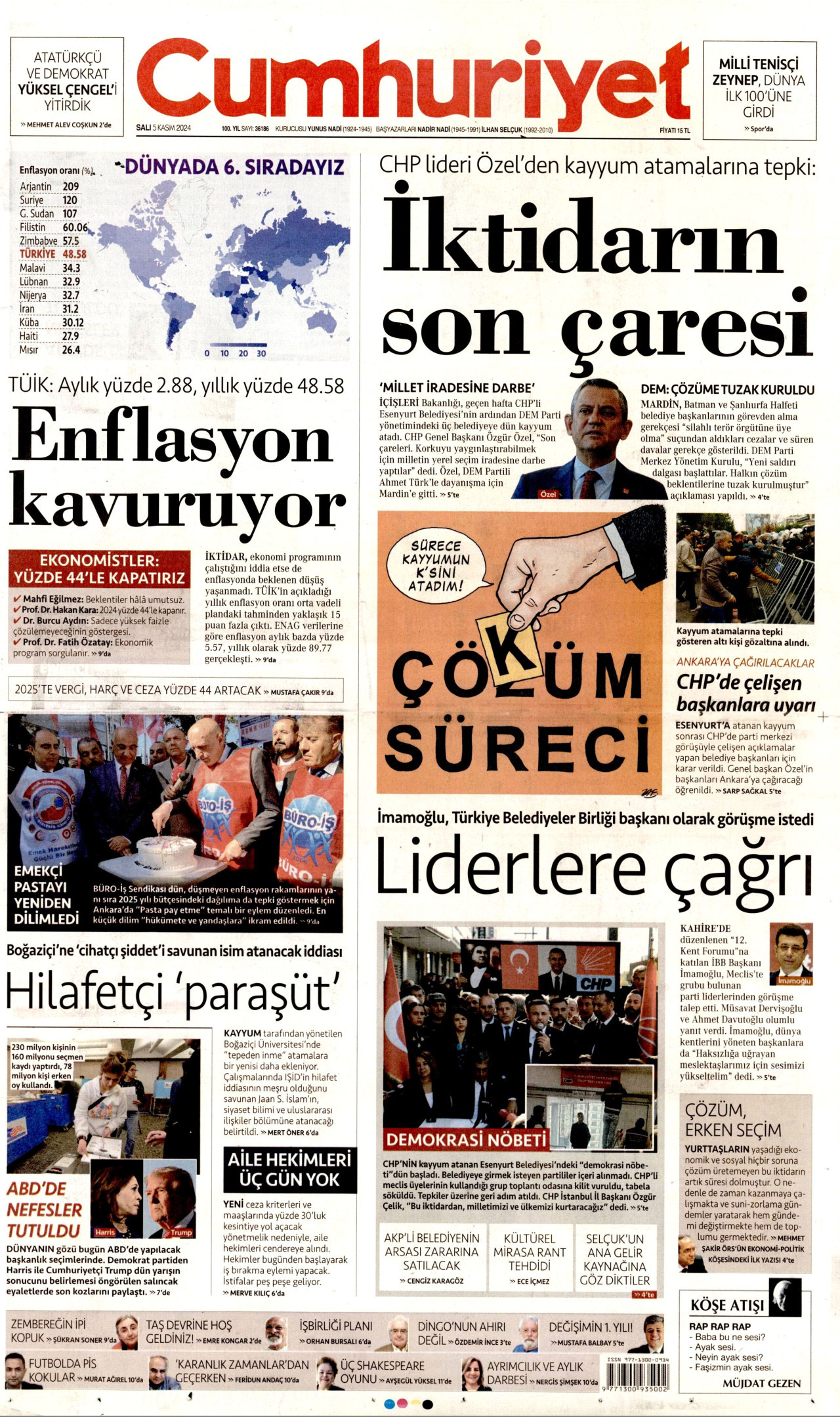 CUMHURİYET gazetesinin 5 Kasım 2024 tarihli birinci sayfası