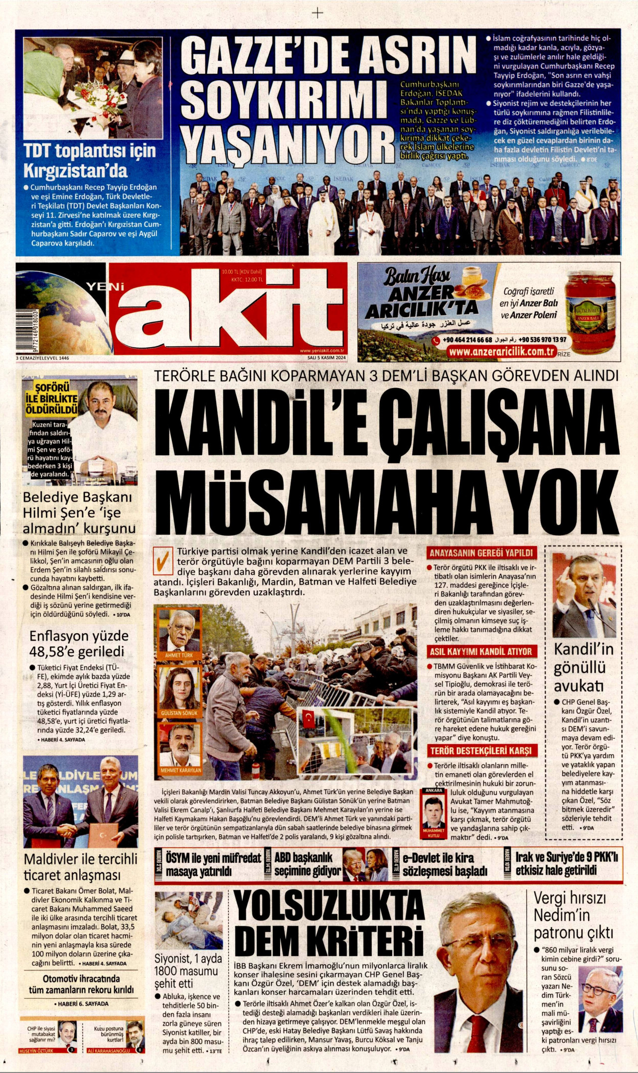 YENİ AKİT gazetesinin 5 Kasım 2024 tarihli birinci sayfası