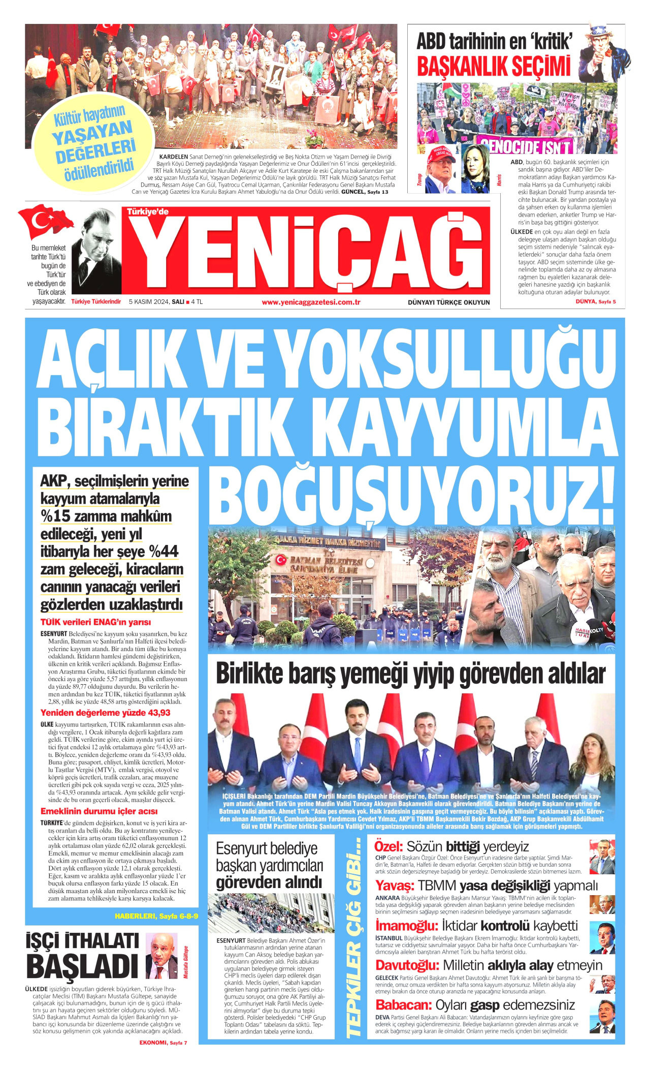 YENİÇAĞ gazetesinin 5 Kasım 2024 tarihli birinci sayfası