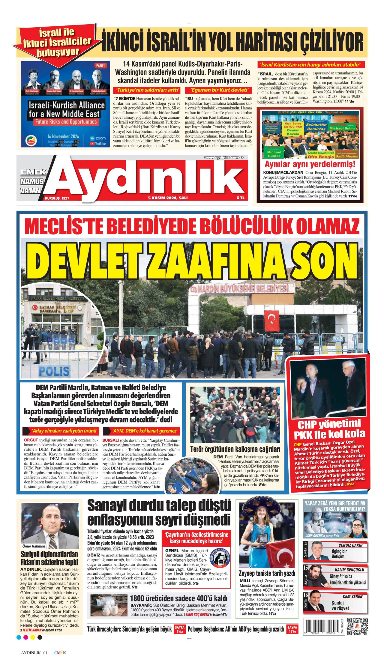 AYDINLIK GAZETESİ gazetesinin 5 Kasım 2024 tarihli birinci sayfası