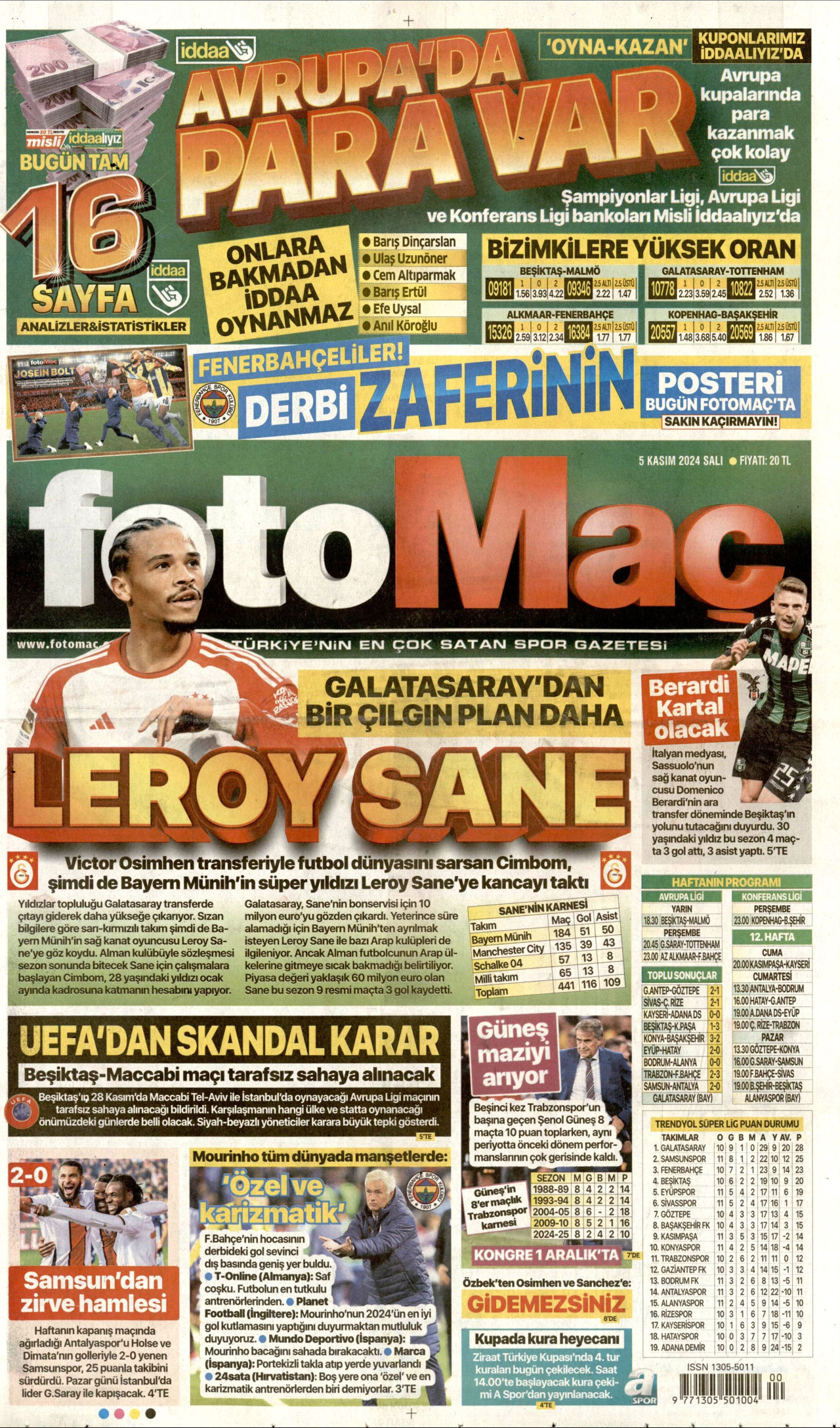 FOTOMAÇ gazetesinin 5 Kasım 2024 tarihli birinci sayfası
