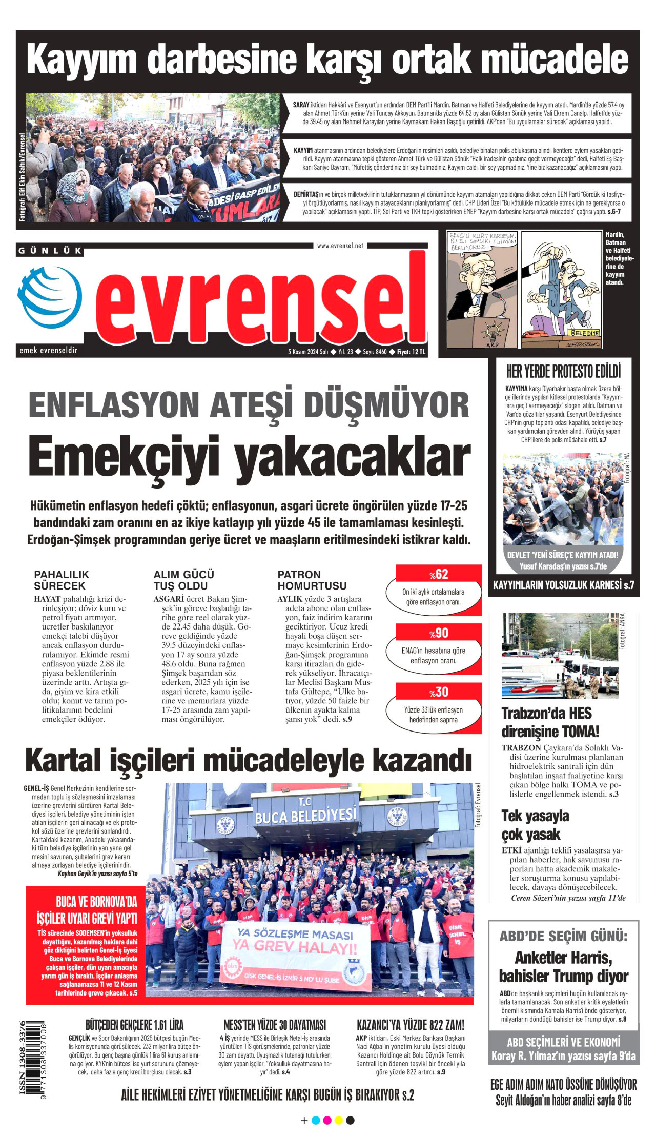 EVRENSEL gazetesinin 5 Kasım 2024 tarihli birinci sayfası