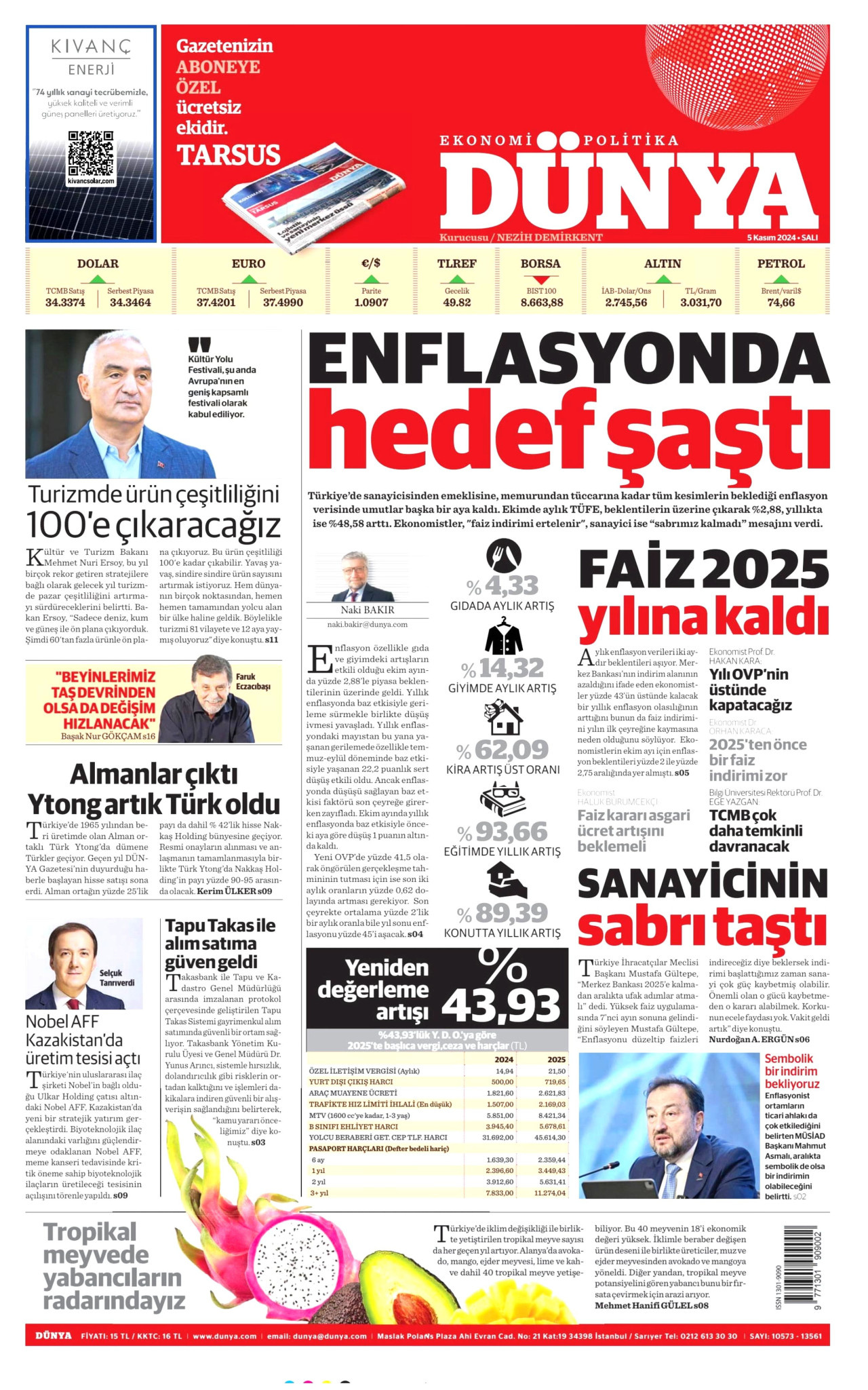 DÜNYA gazetesinin 5 Kasım 2024 tarihli birinci sayfası