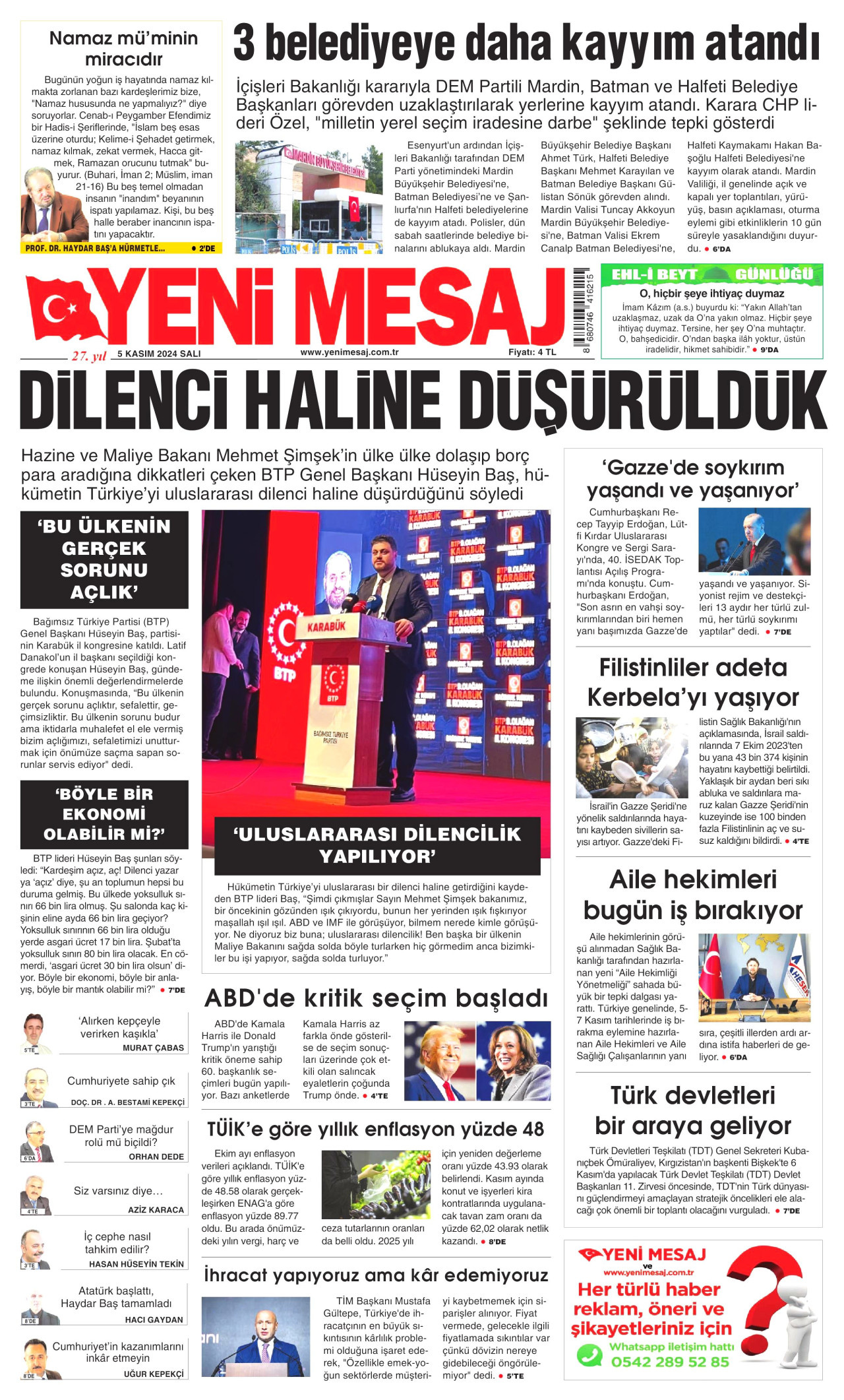 YENİ MESAJ gazetesinin 5 Kasım 2024 tarihli birinci sayfası