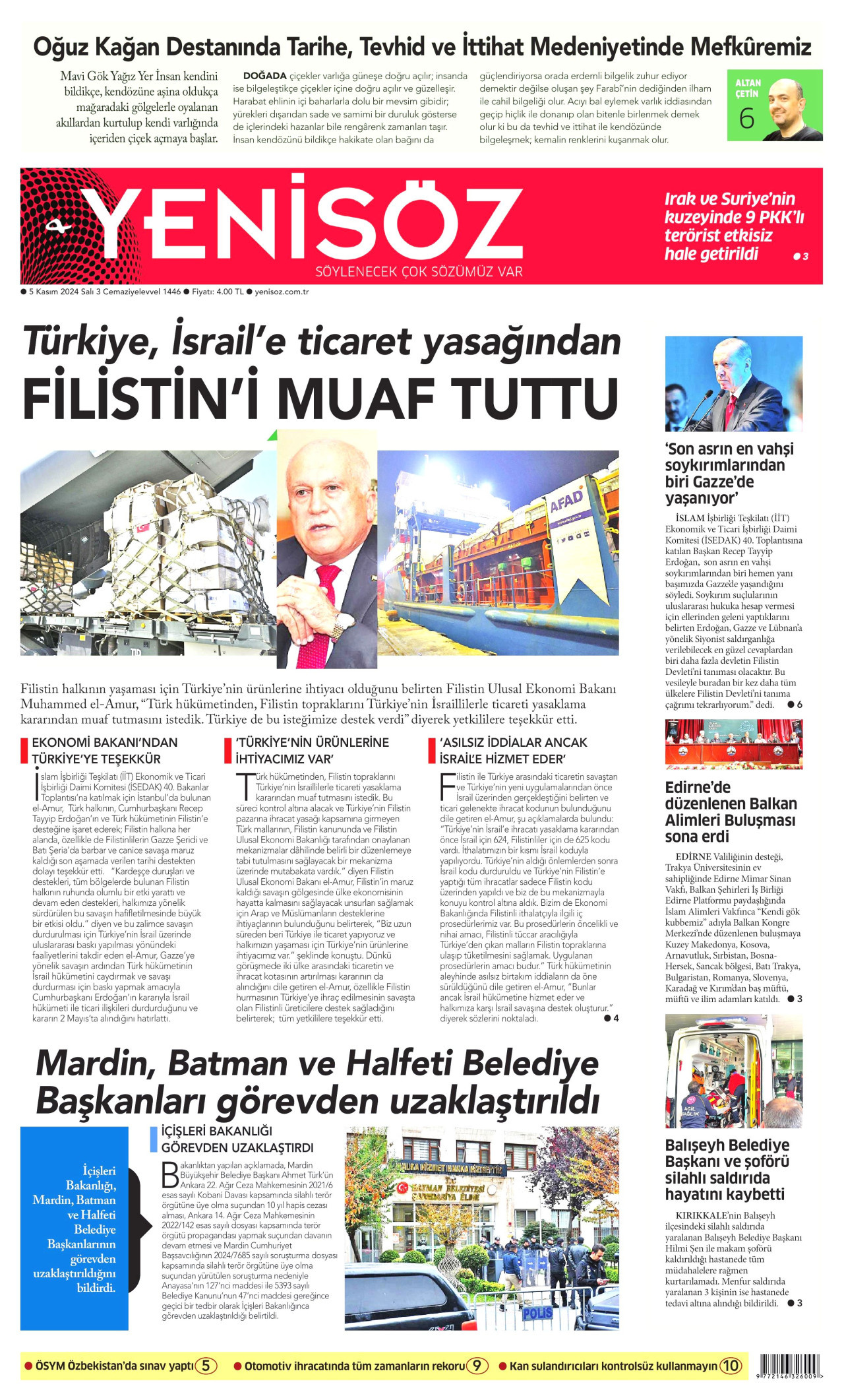 YENİ SÖZ GAZETESİ gazetesinin 5 Kasım 2024 tarihli birinci sayfası