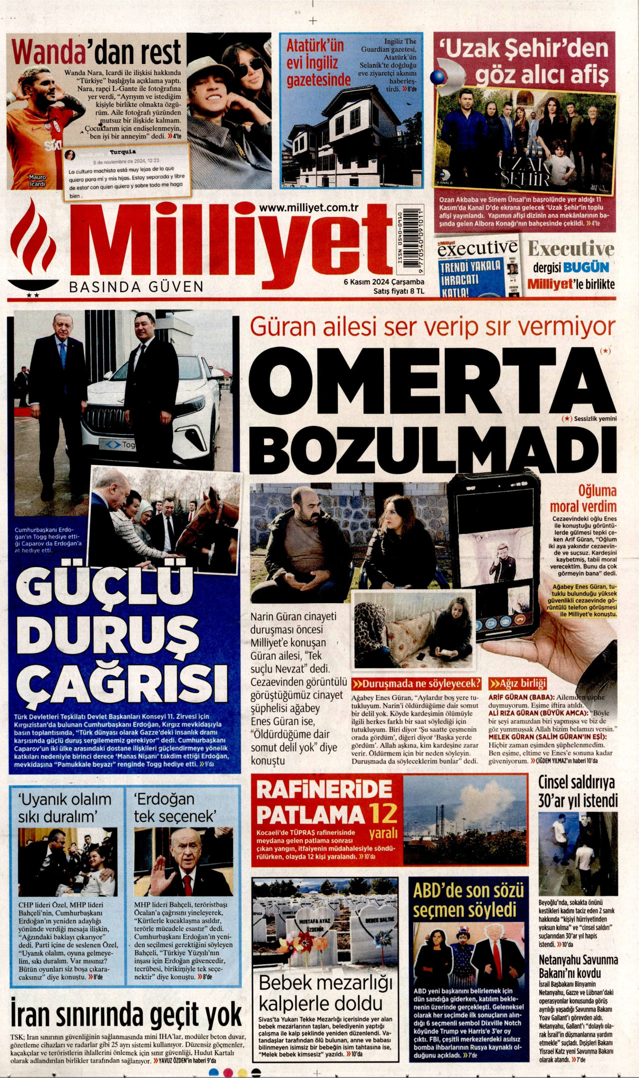 MİLLİYET gazetesinin 6 Kasım 2024 tarihli birinci sayfası