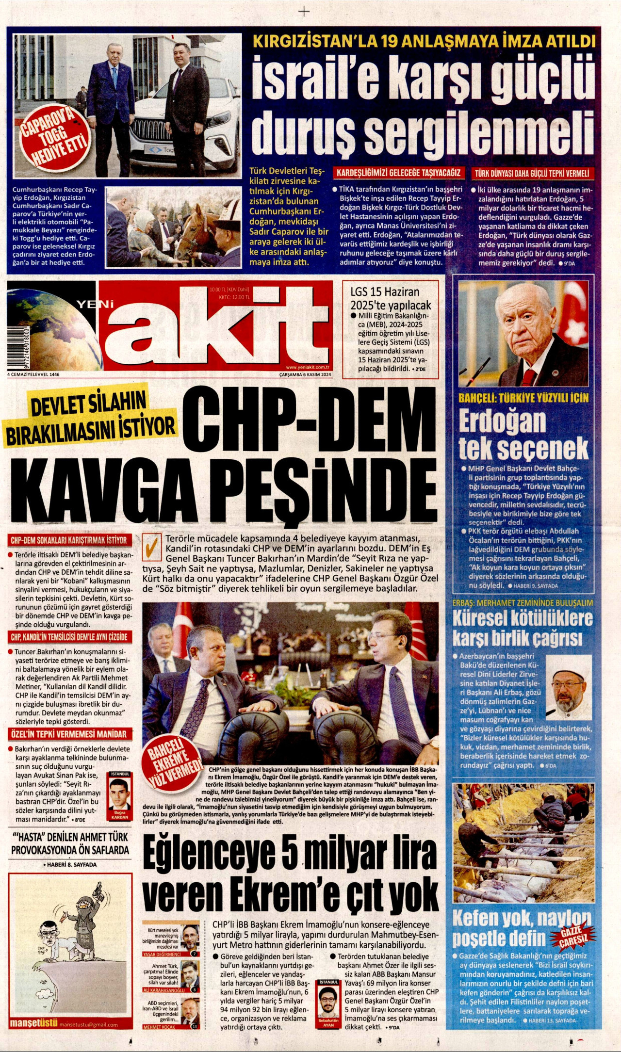 YENİ AKİT gazetesinin 6 Kasım 2024 tarihli birinci sayfası