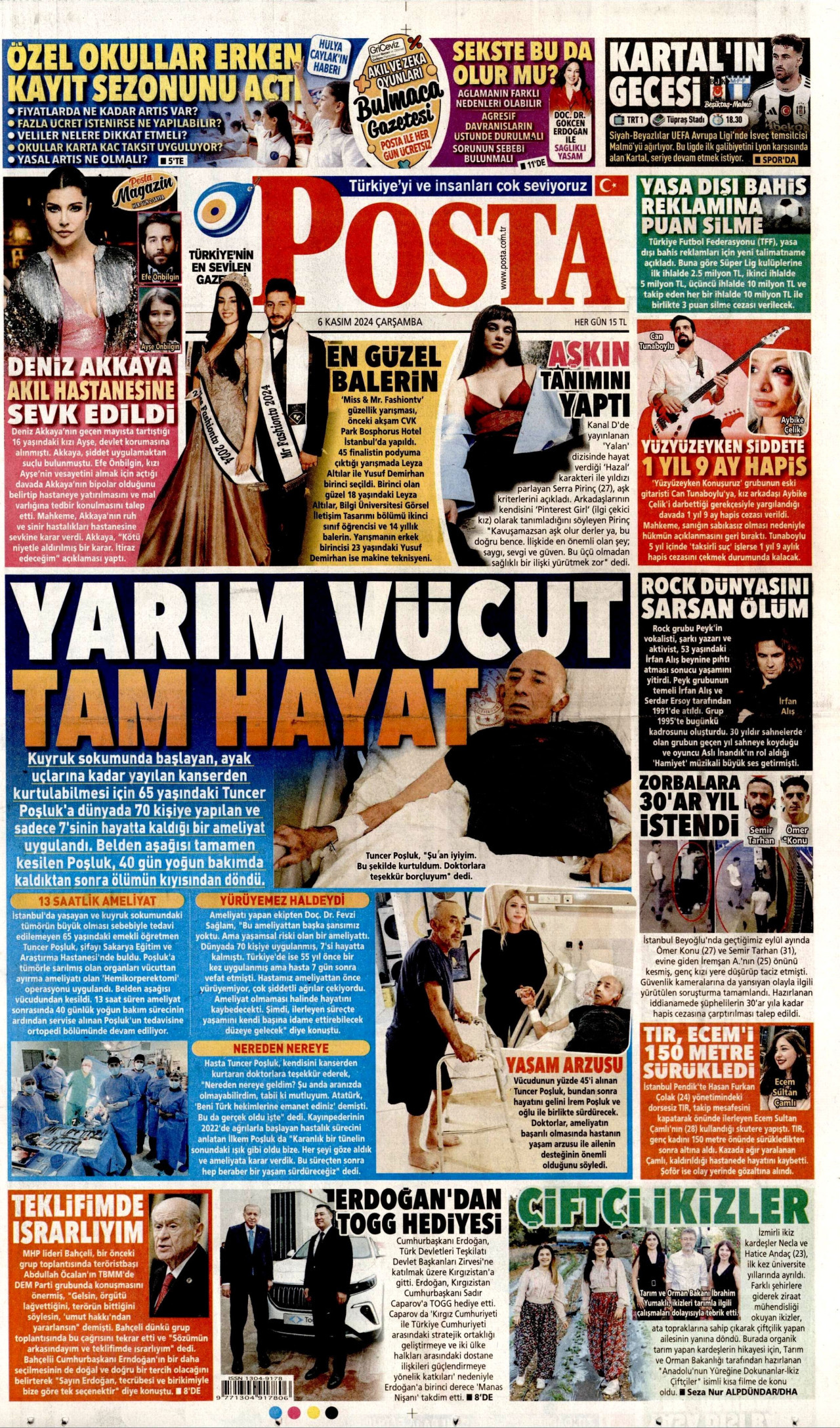 POSTA gazetesinin 6 Kasım 2024 tarihli birinci sayfası