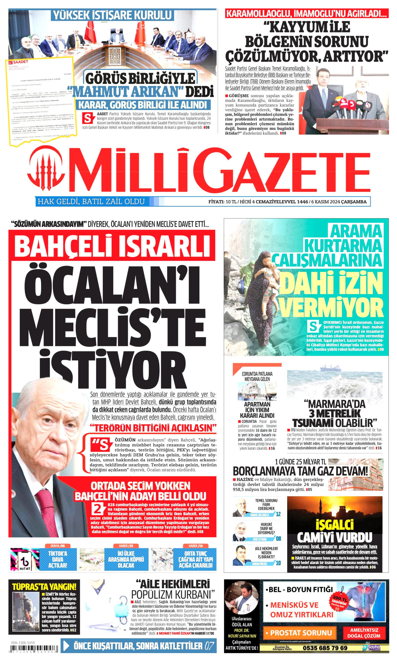 MİLLİ GAZETE gazetesinin 6 Kasım 2024 tarihli birinci sayfası