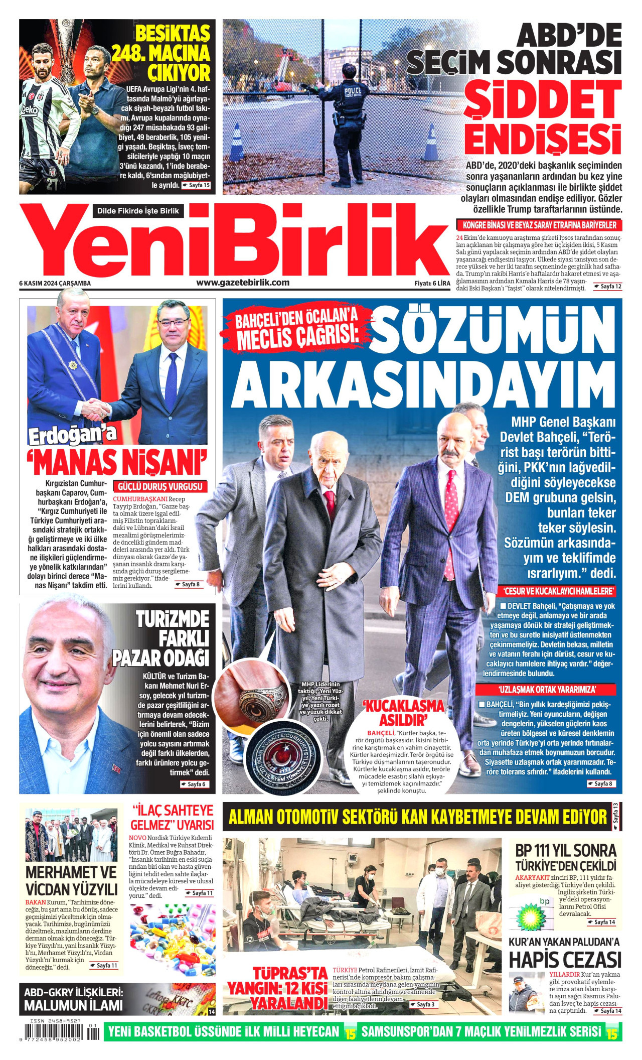 YENİBİRLİK gazetesinin 6 Kasım 2024 tarihli birinci sayfası