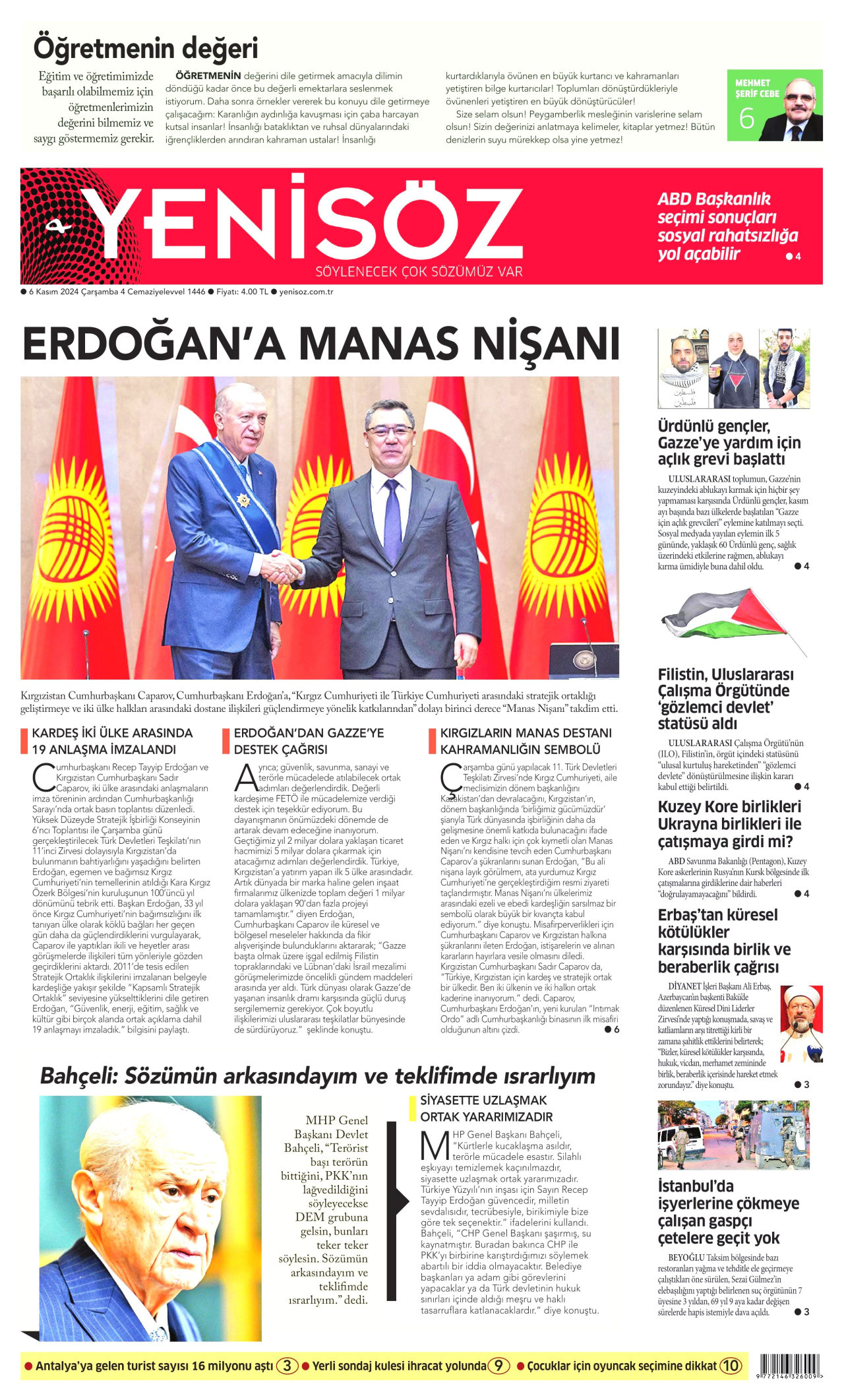YENİ SÖZ GAZETESİ gazetesinin 6 Kasım 2024 tarihli birinci sayfası