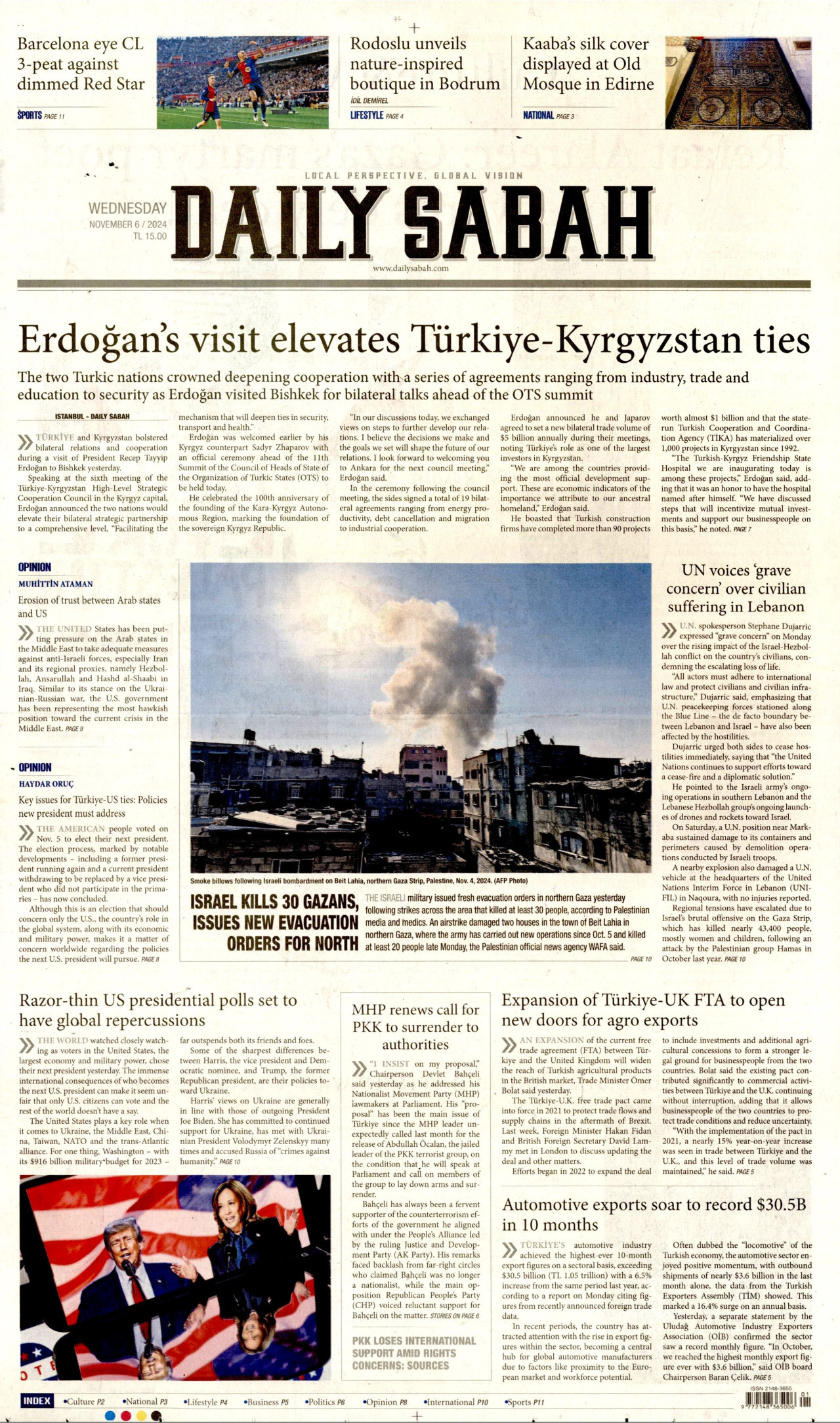 DAİLY SABAH gazetesinin 6 Kasım 2024 tarihli birinci sayfası