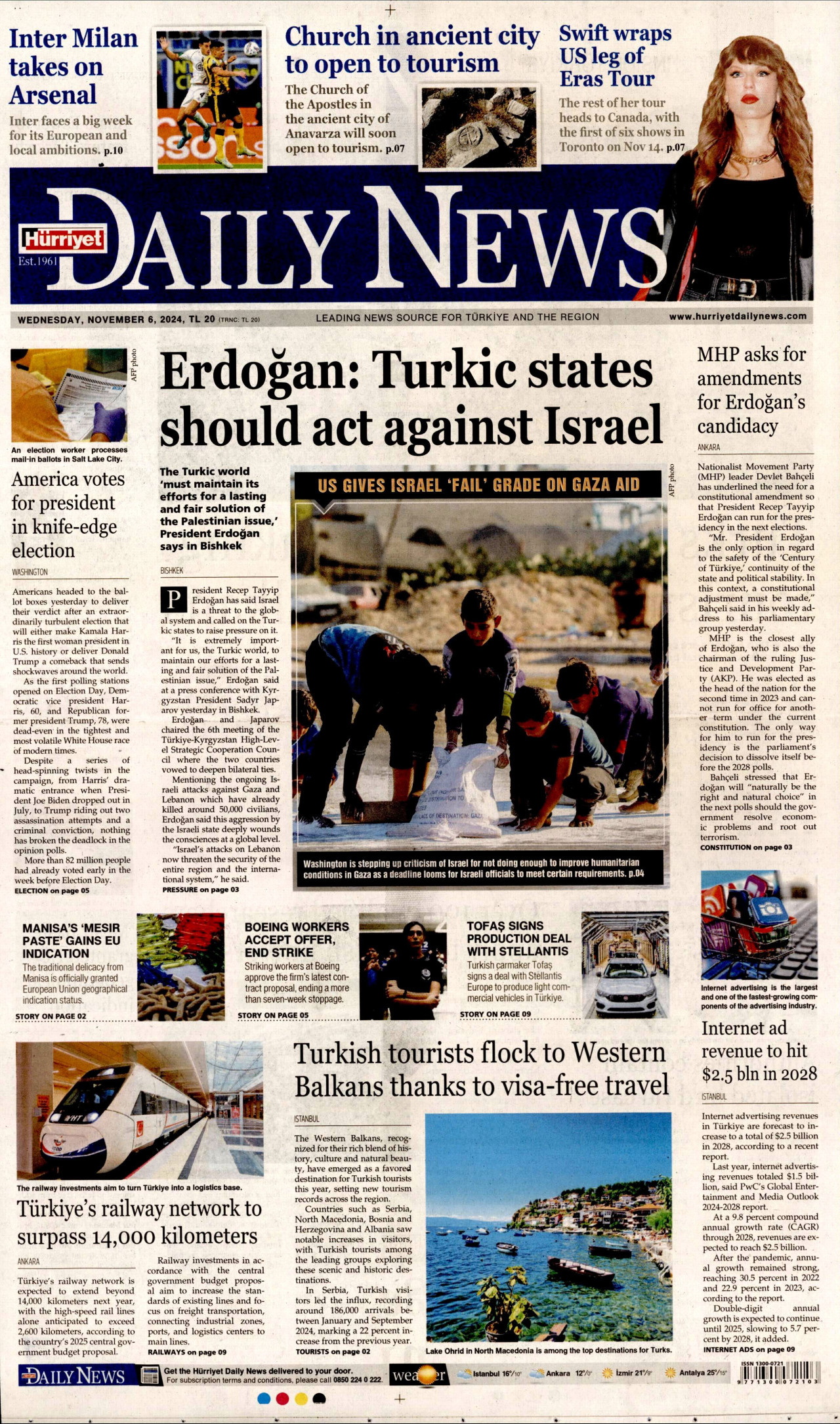 HÜRRİYET DAİLY NEWS gazetesinin 6 Kasım 2024 tarihli birinci sayfası
