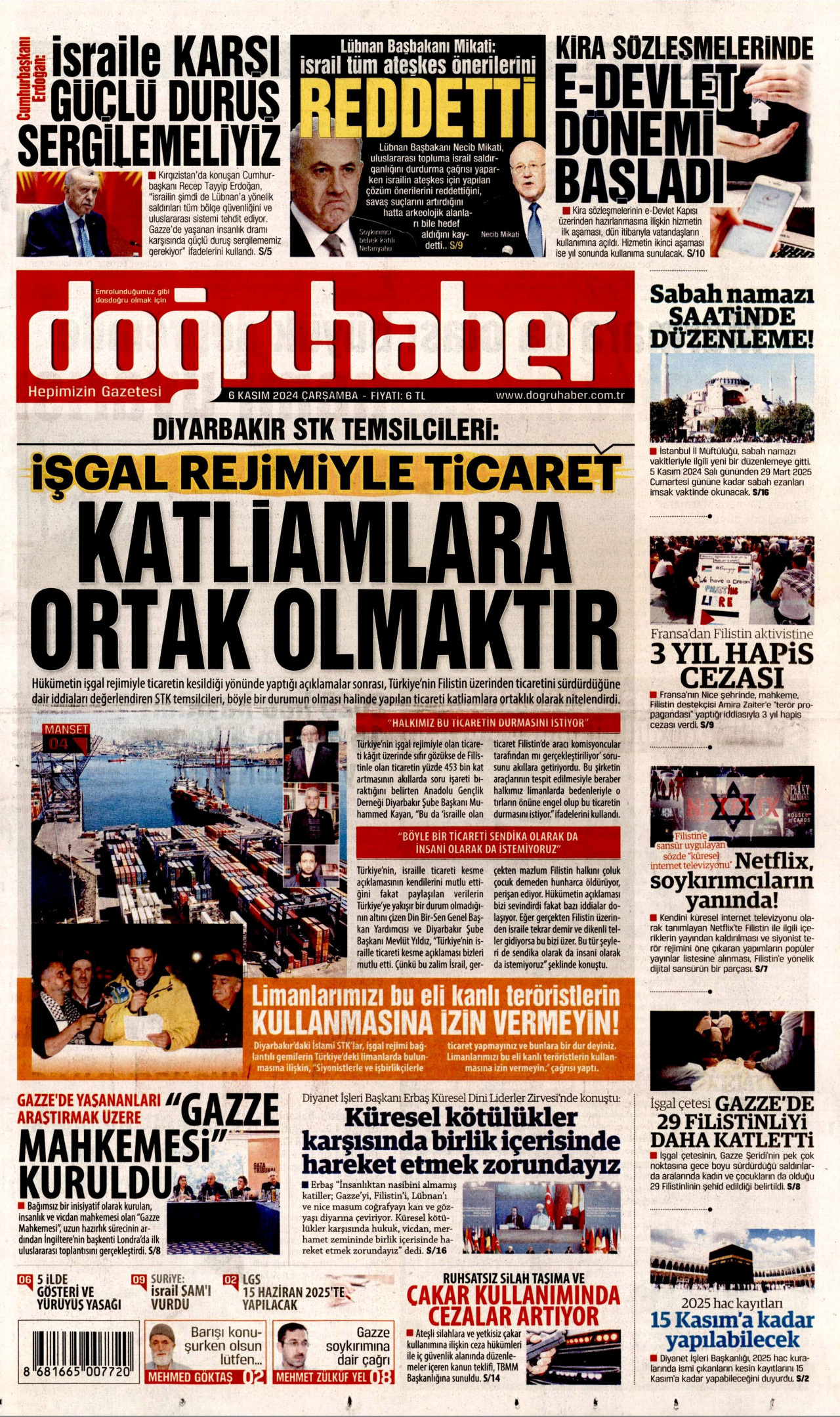 DOĞRU HABER gazetesinin 6 Kasım 2024 tarihli birinci sayfası