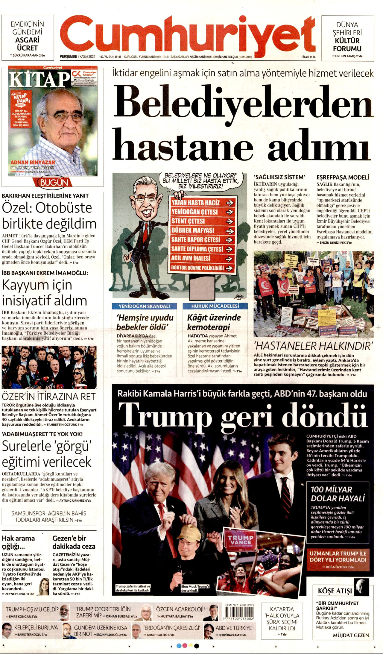 CUMHURİYET gazetesinin 7 Kasım 2024 tarihli birinci sayfası
