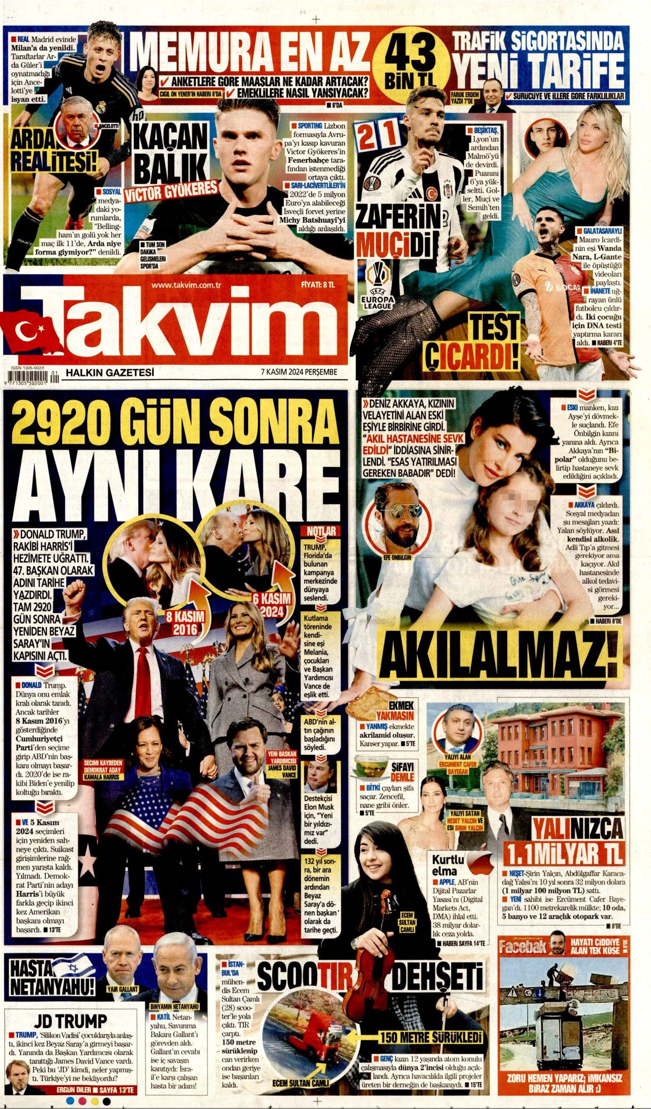 TAKVİM gazetesinin 7 Kasım 2024 tarihli birinci sayfası