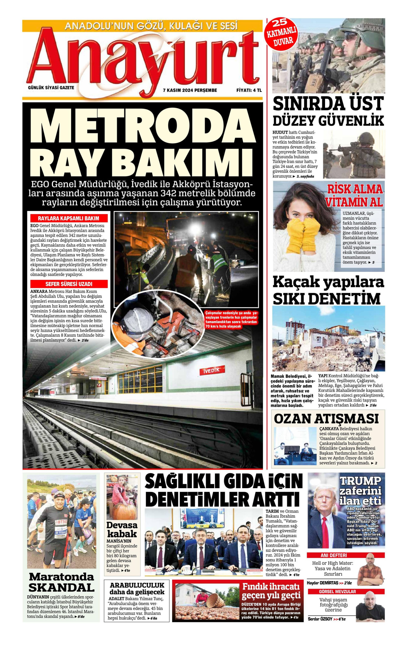 ANAYURT gazetesinin 7 Kasım 2024 tarihli birinci sayfası