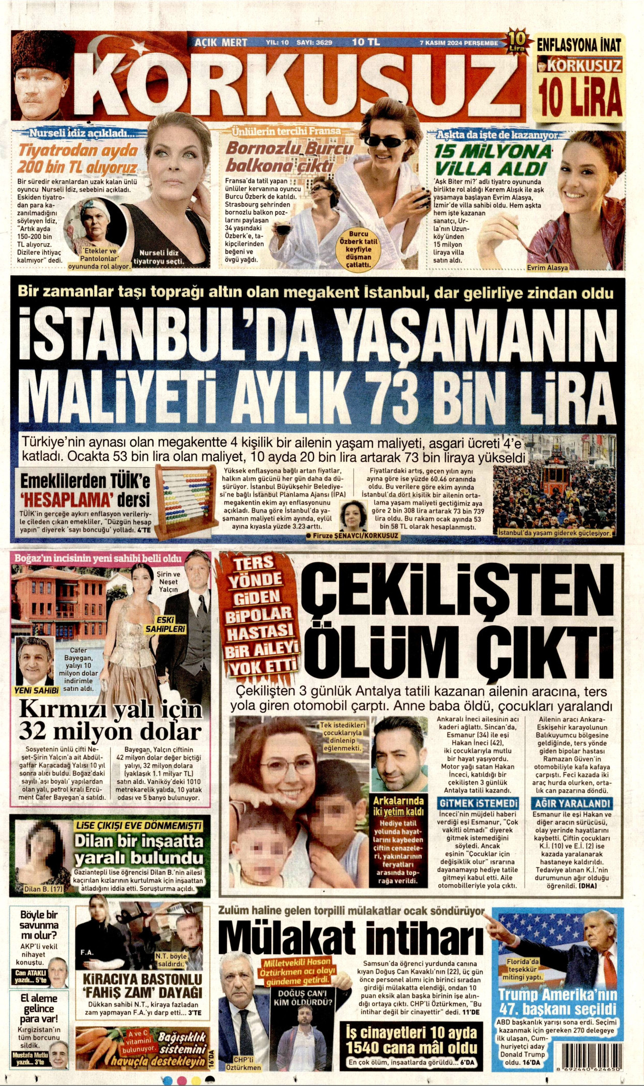 KORKUSUZ gazetesinin 7 Kasım 2024 tarihli birinci sayfası