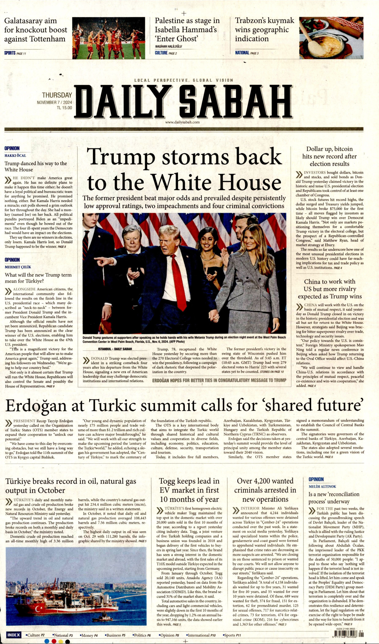 DAİLY SABAH gazetesinin 7 Kasım 2024 tarihli birinci sayfası